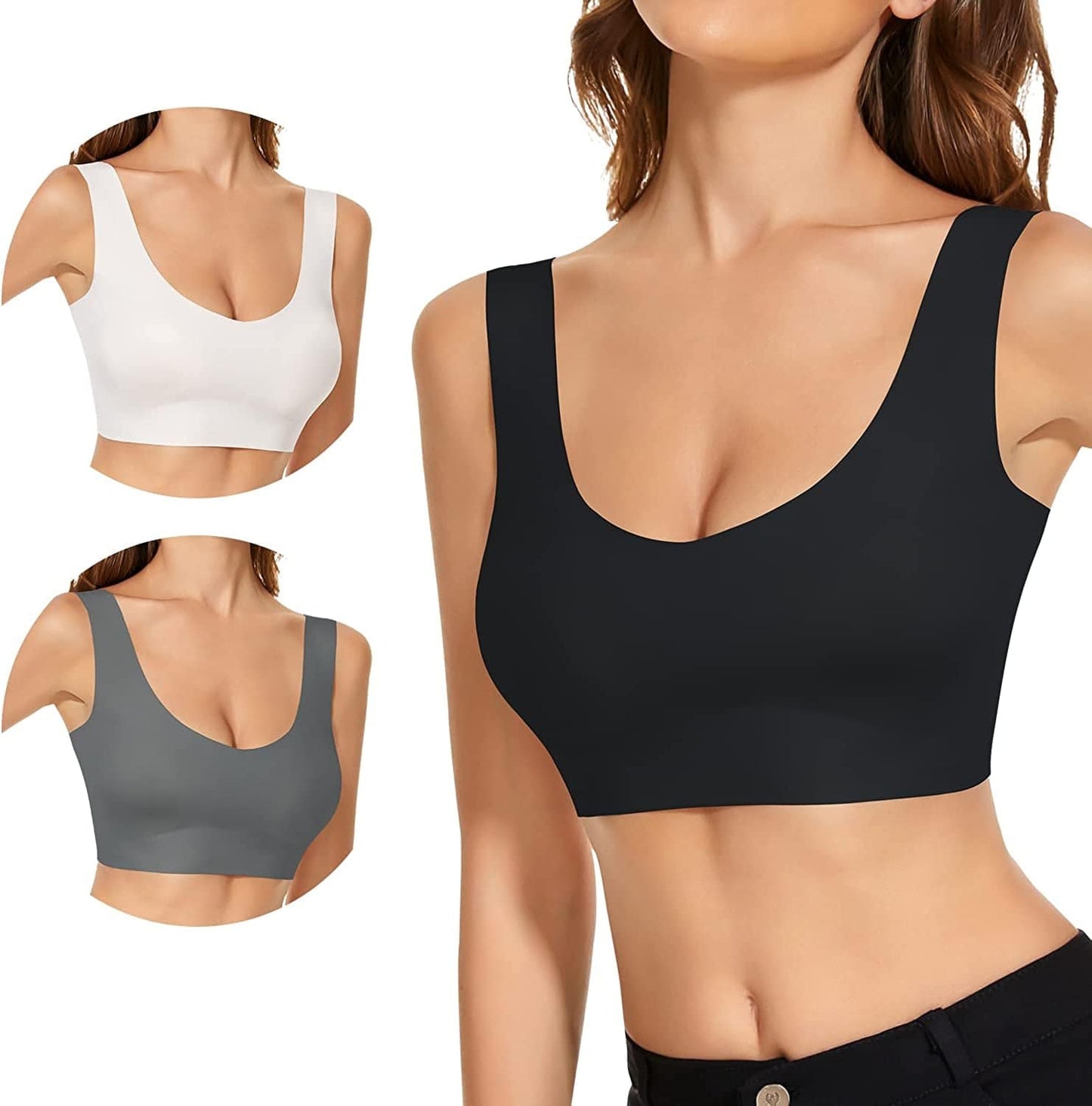 3 Pack Comfort Wirless Bras for Women Seamless Bralettes Lightly Lined Tank Top Support Sports Bra 3 Pack Black White Grey / Small