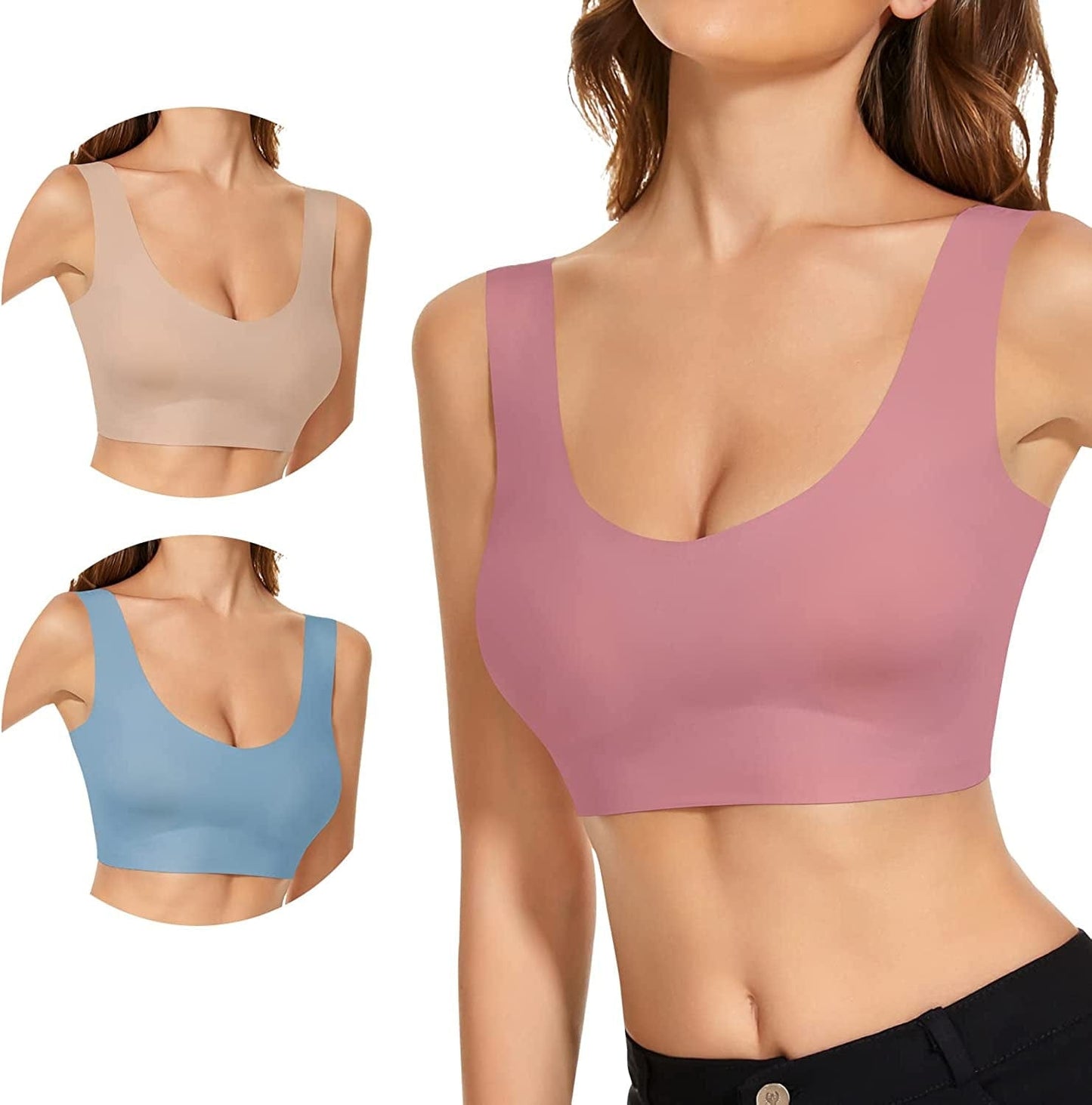 3 Pack Comfort Wirless Bras for Women Seamless Bralettes Lightly Lined Tank Top Support Sports Bra 3 Pack Pink Light Blue Nude / X-Large