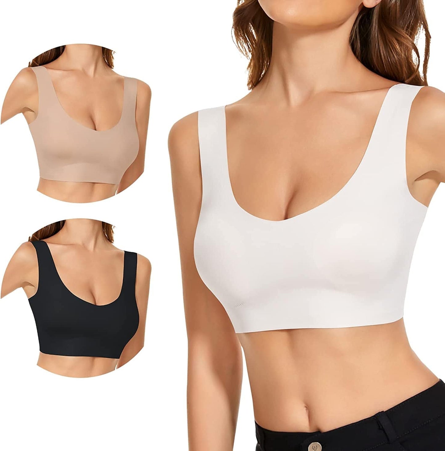 3 Pack Comfort Wirless Bras for Women Seamless Bralettes Lightly Lined Tank Top Support Sports Bra 3 Pack Black White Nude / Small
