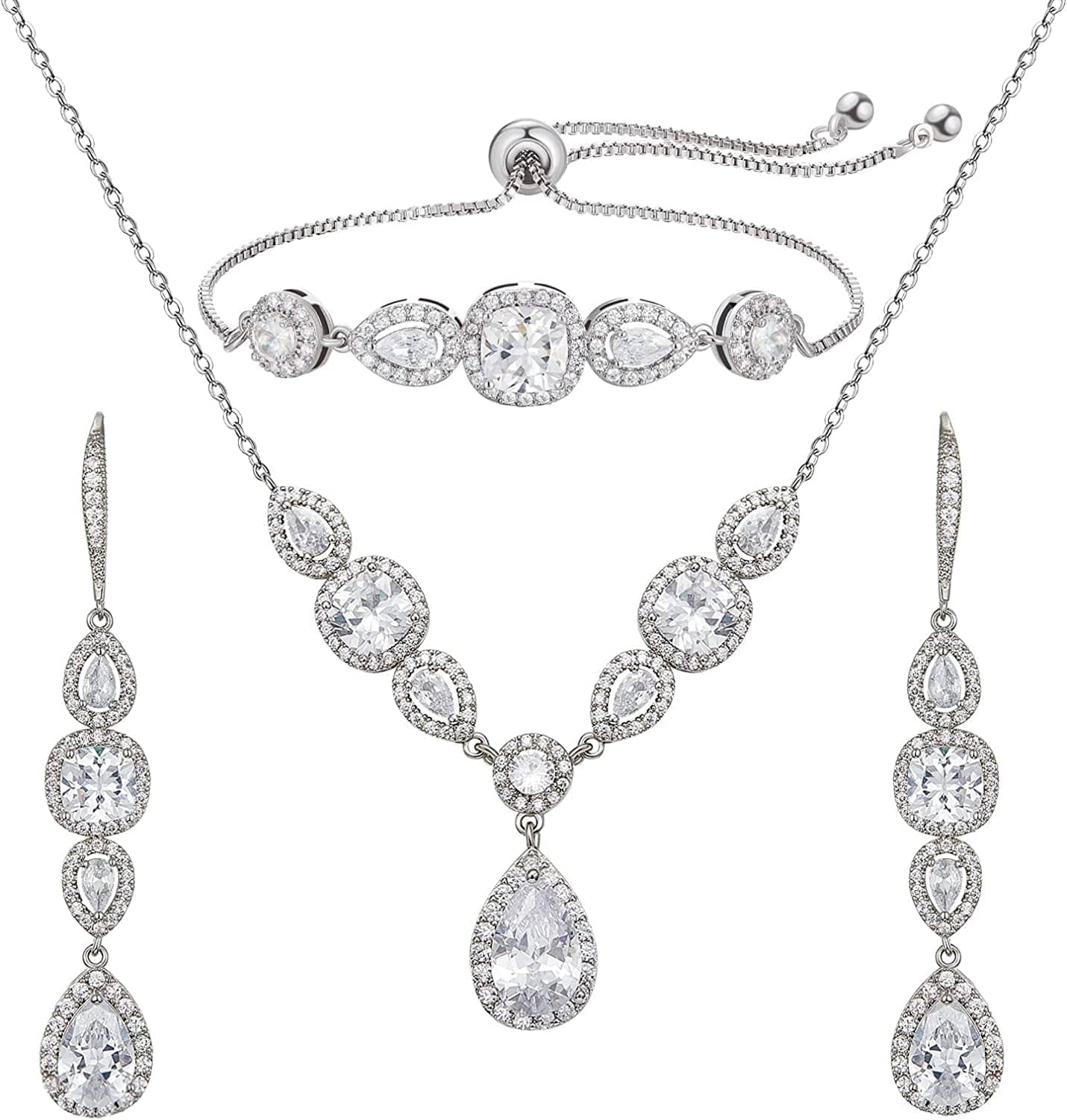 3 Pack Cubic Zirconia Bridal Jewelry Sets for Wedding, Crystal Necklace Dangle Earring Bracelet Jewelry Sets for Women, Prom Costume Jewelry Gifts 01.Silver