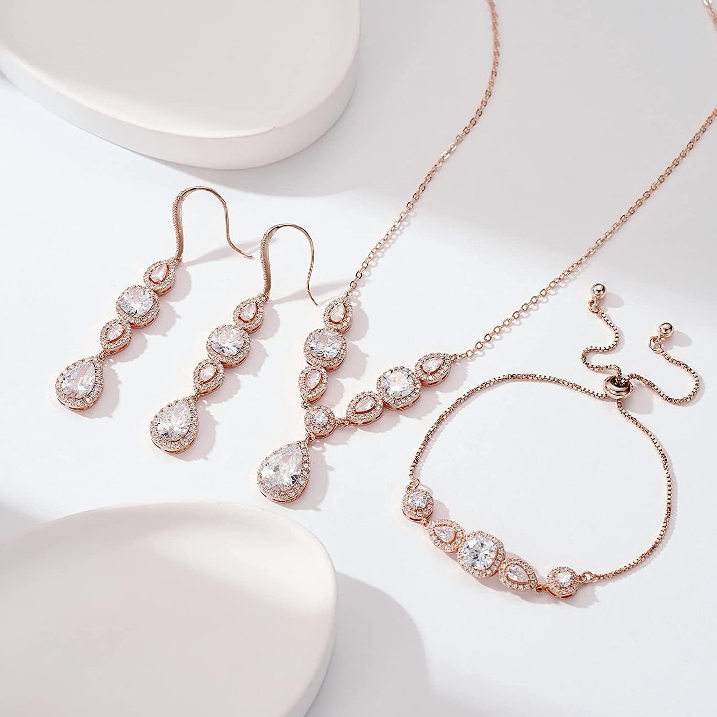 3 Pack Cubic Zirconia Bridal Jewelry Sets for Wedding, Crystal Necklace Dangle Earring Bracelet Jewelry Sets for Women, Prom Costume Jewelry Gifts