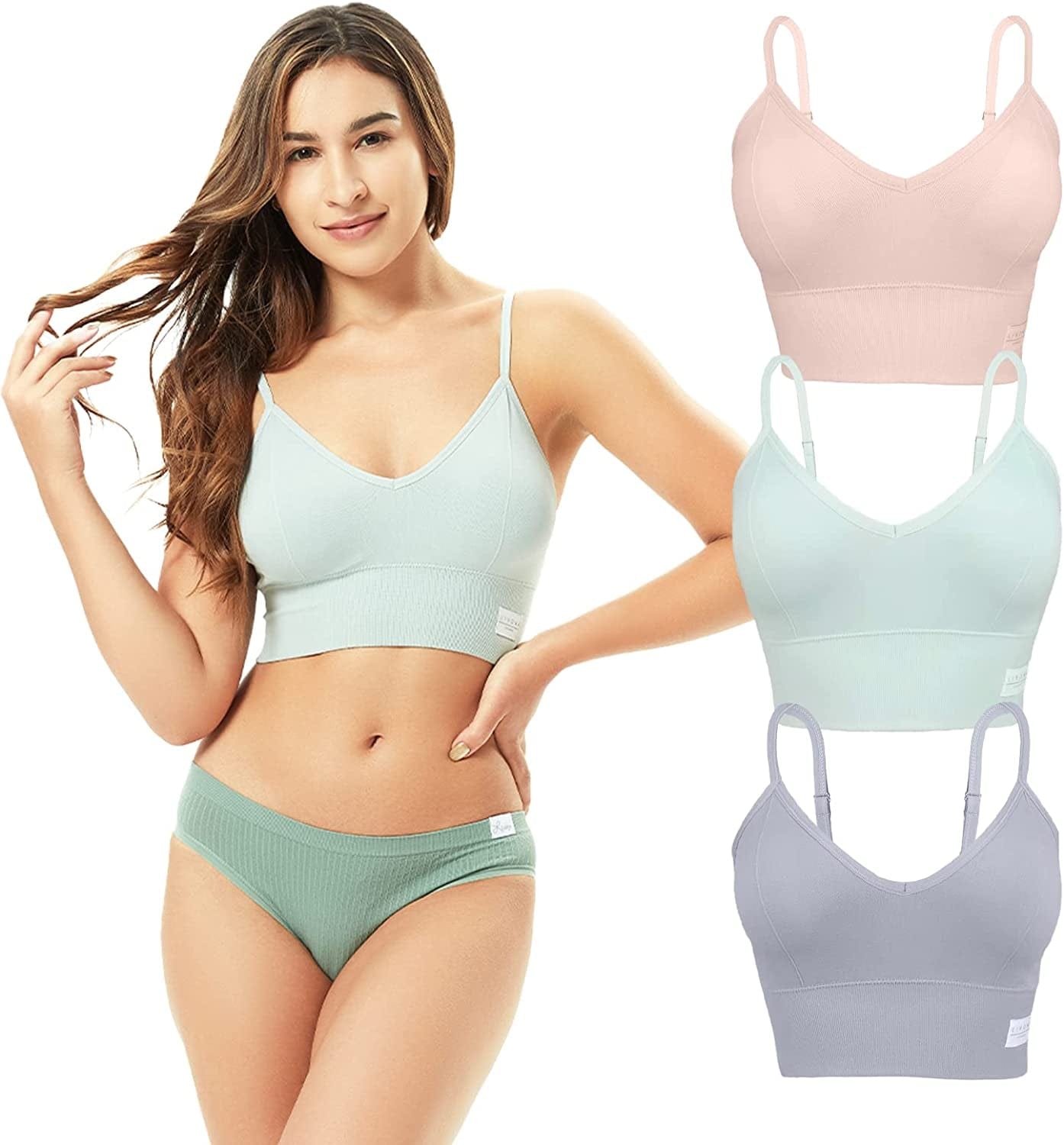3 Pack Longline Sports Bra for Women- Soft Wireless Bra, Padded Seamless Bralette, Stretch Crop Cami Tank S-XXL Natural Grey/Tan/Salted Sea / XX-Large