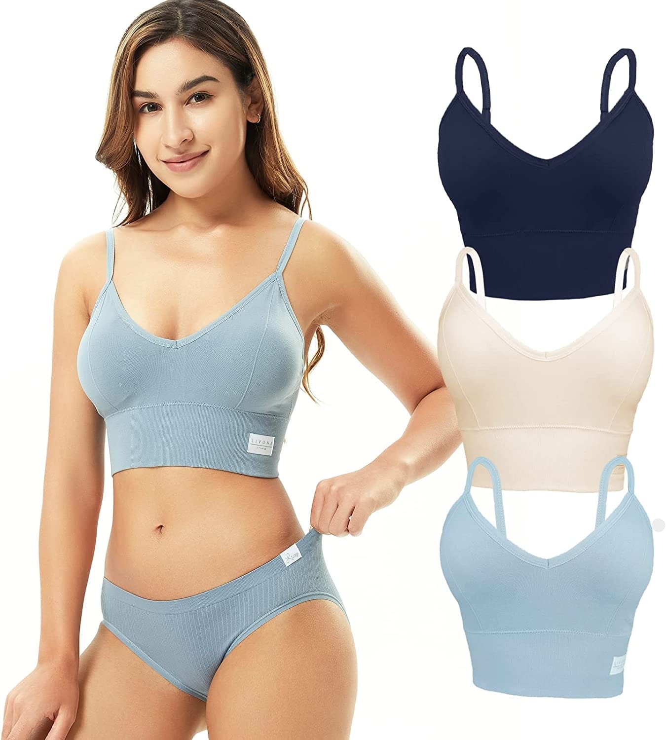 3 Pack Longline Sports Bra for Women- Soft Wireless Bra, Padded Seamless Bralette, Stretch Crop Cami Tank S-XXL Grey Skies/Lt Beige/Navy / XX-Large
