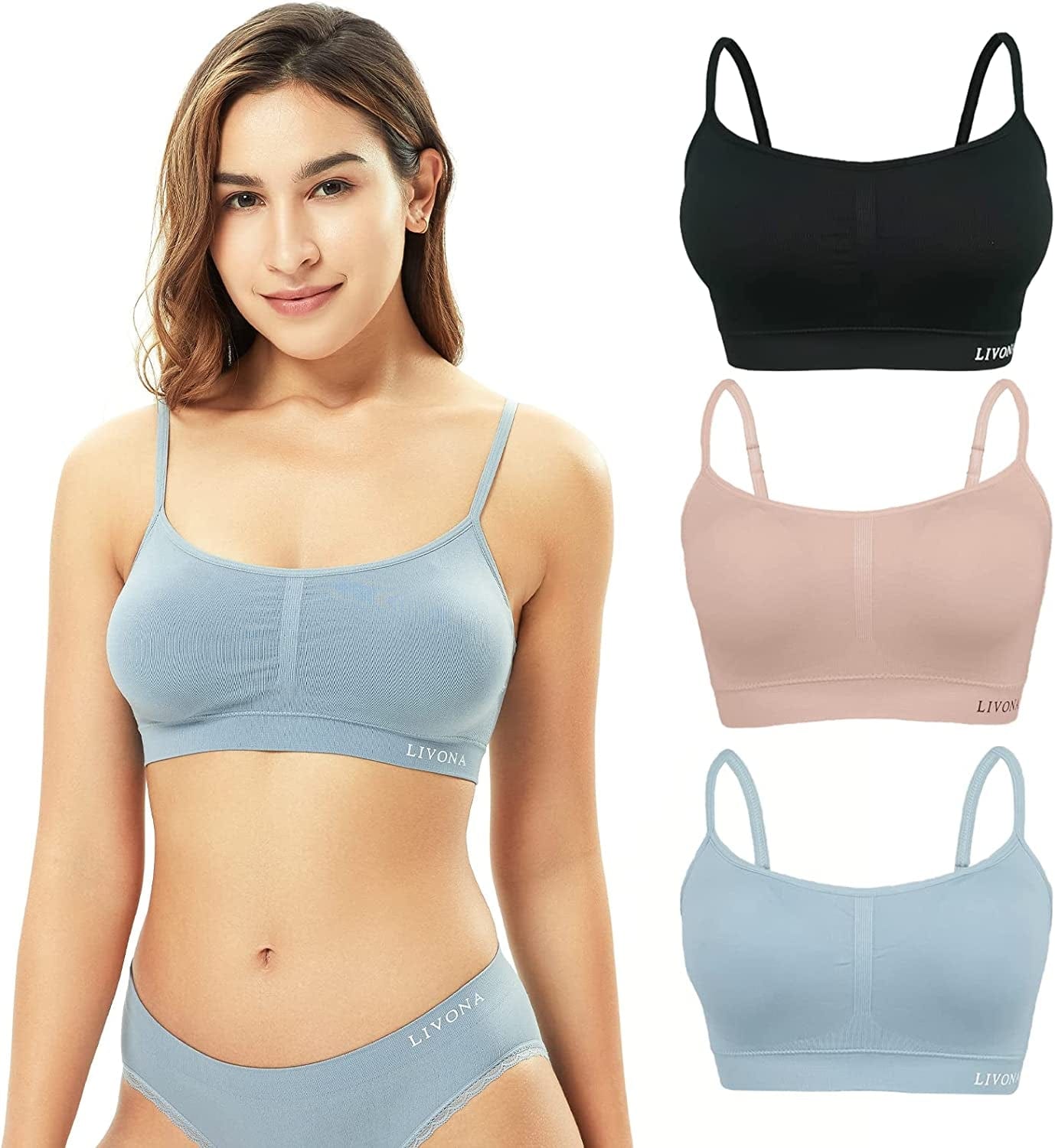 3 Pack Longline Sports Bra for Women- Soft Wireless Bra, Padded Seamless Bralette, Stretch Crop Cami Tank S-XXL Lt Blue/Beige/Black / X-Large
