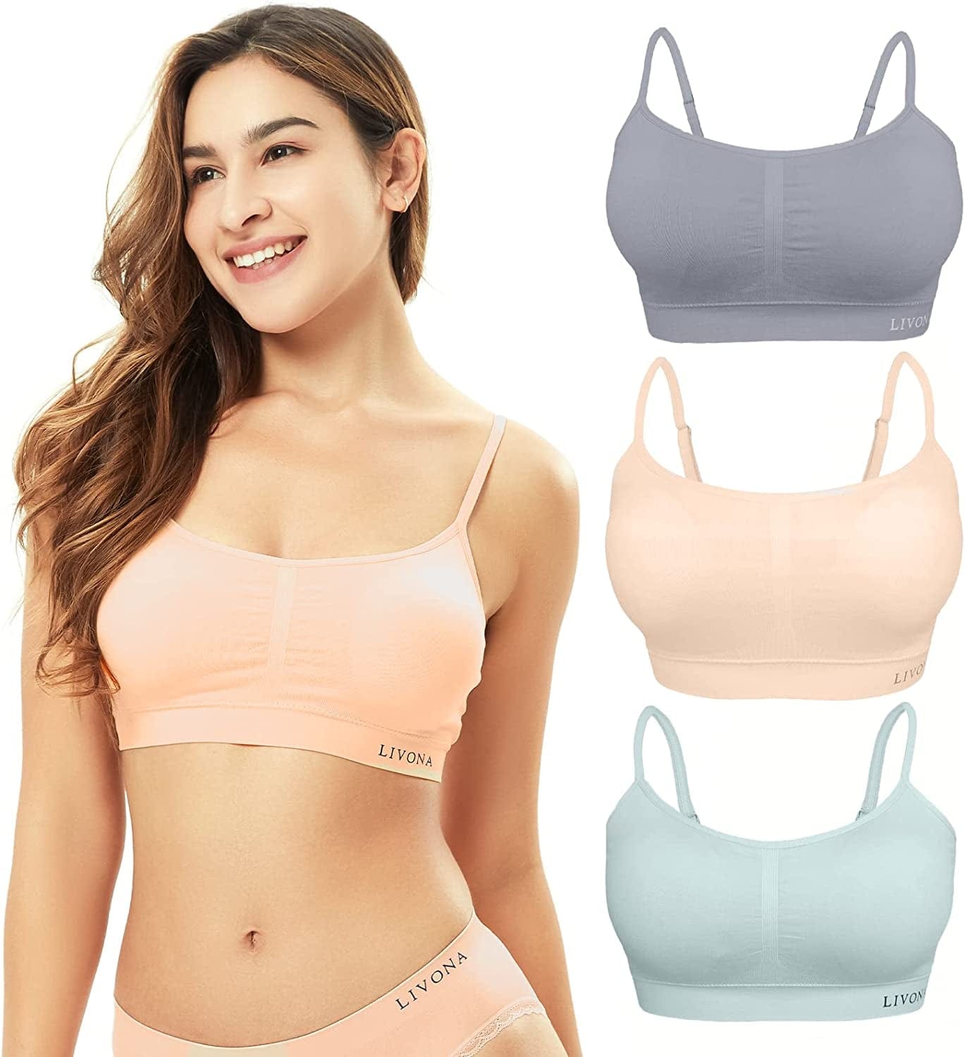 3 Pack Longline Sports Bra for Women- Soft Wireless Bra, Padded Seamless Bralette, Stretch Crop Cami Tank S-XXL Salted Sea/Tan/Natural Grey / Small