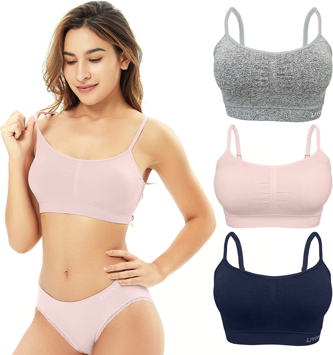 3 Pack Longline Sports Bra for Women- Soft Wireless Bra, Padded Seamless Bralette, Stretch Crop Cami Tank S-XXL Blush/Dark Blue/Heather / X-Large
