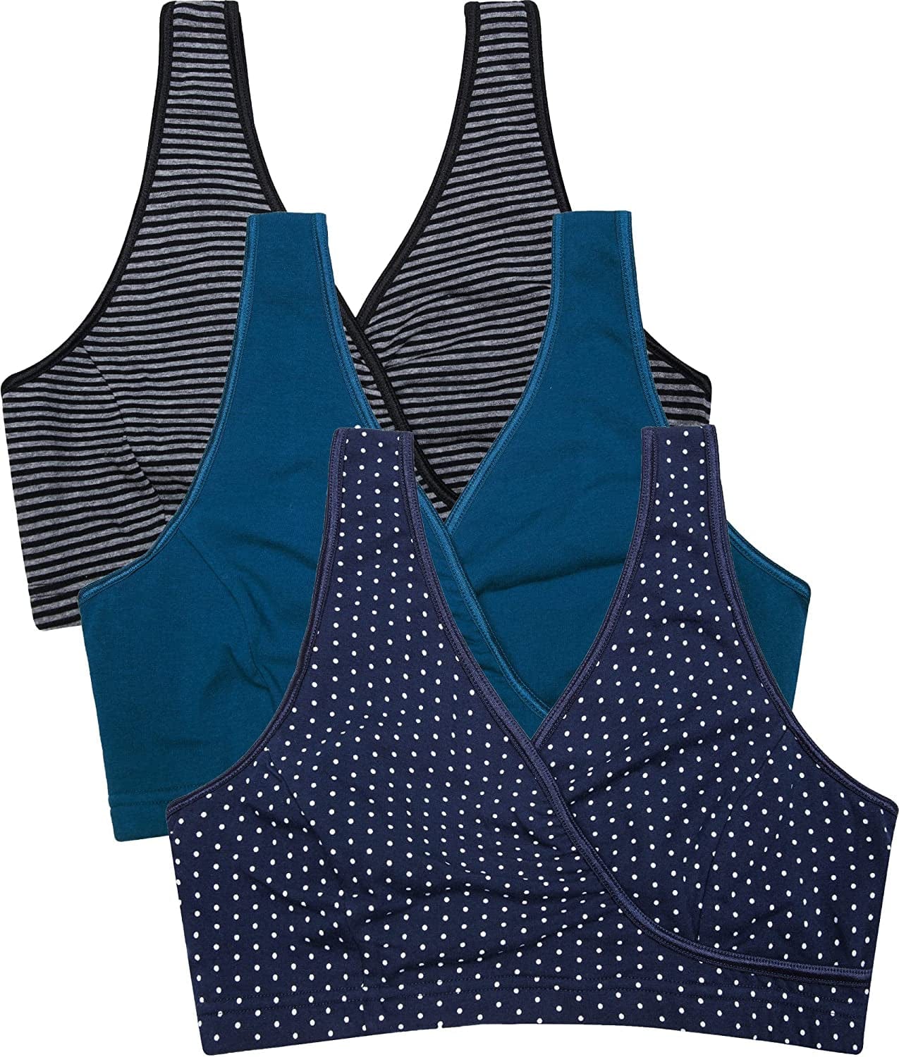 3 Pack Maternity Nursing Sleep Bra Breastfeeding Cotton Bralette S-stripe/Navy Dot/Atrovirens - Third Style / Small