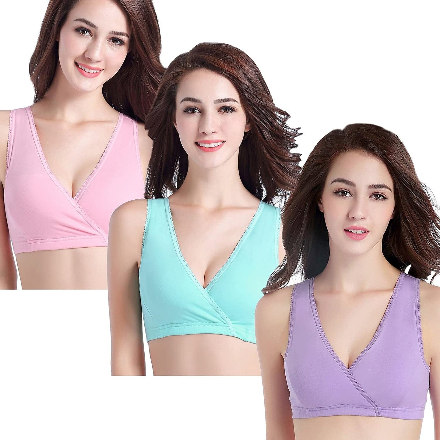 3 Pack Maternity Nursing Sleep Bra Breastfeeding Cotton Bralette Mint Green/Pink/Lavender / Medium