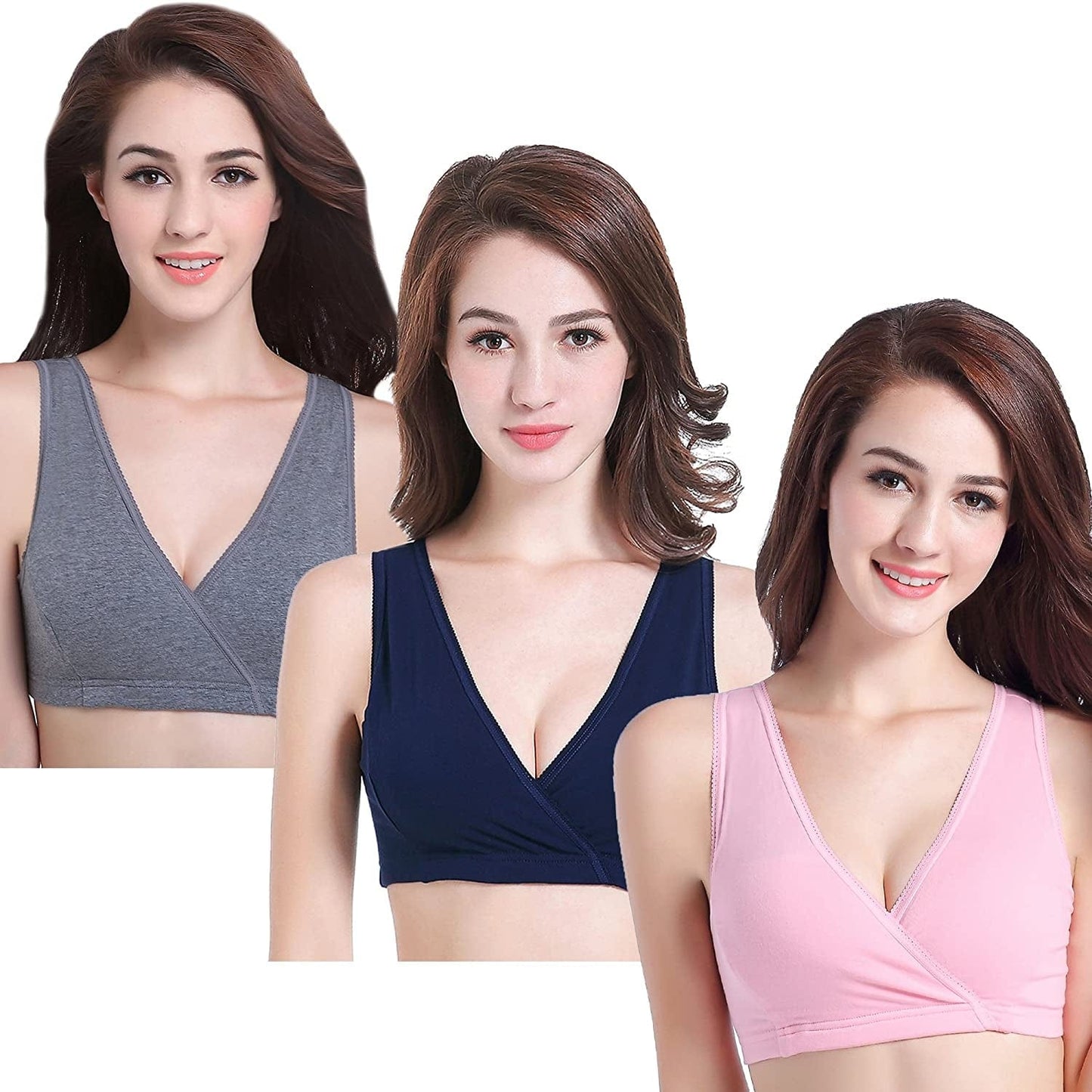 3 Pack Maternity Nursing Sleep Bra Breastfeeding Cotton Bralette Deep Grey/Navy/Pink / Small