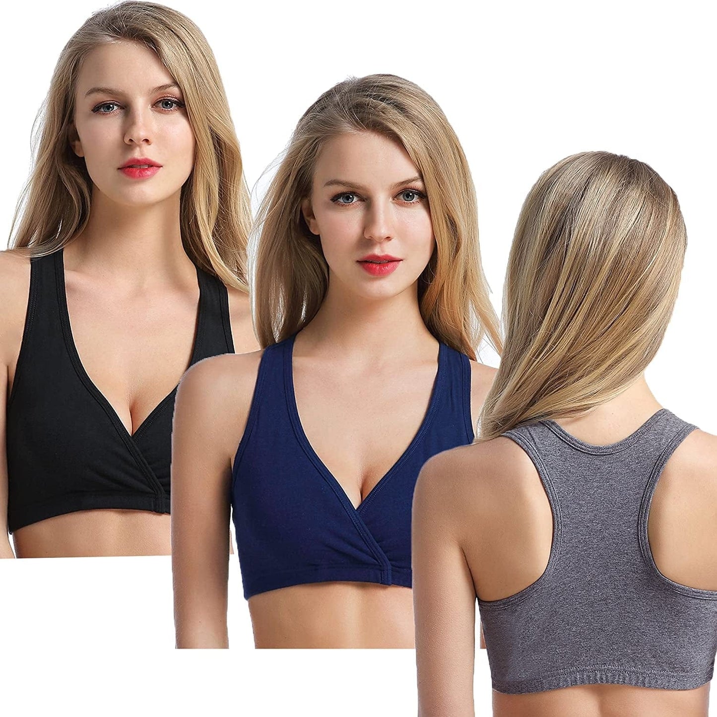 3 Pack Maternity Nursing Sleep Bra Breastfeeding Cotton Bralette O-black/Navy/Charcoal - Racerback / X-Large