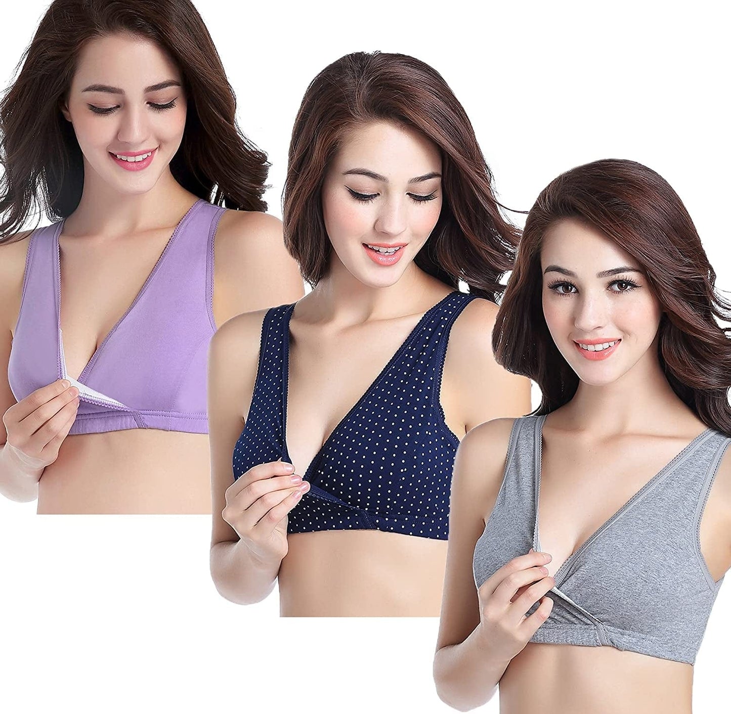 3 Pack Maternity Nursing Sleep Bra Breastfeeding Cotton Bralette Navy Dot/Grey/Lavender / Medium