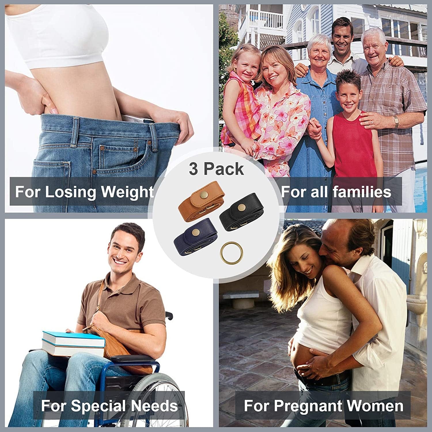 3 Pack No Buckle Stretch Women Belt Buckle Free Invisible Elastic Waist Belts for Jeans Dresses Apparel & Accessories > Clothing Accessories > Belts WOWOGO