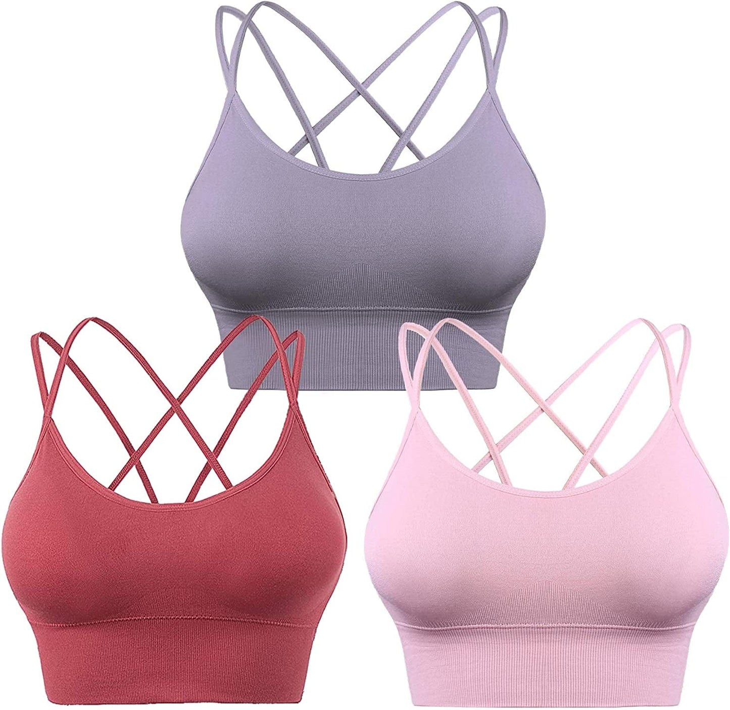 3 Pack Strappy Sports Bra for Women Sexy Crisscross for Yoga Running Athletic Gym Workout Fitness Tank Tops 3 Pack-purple+pink+red / XX-Large
