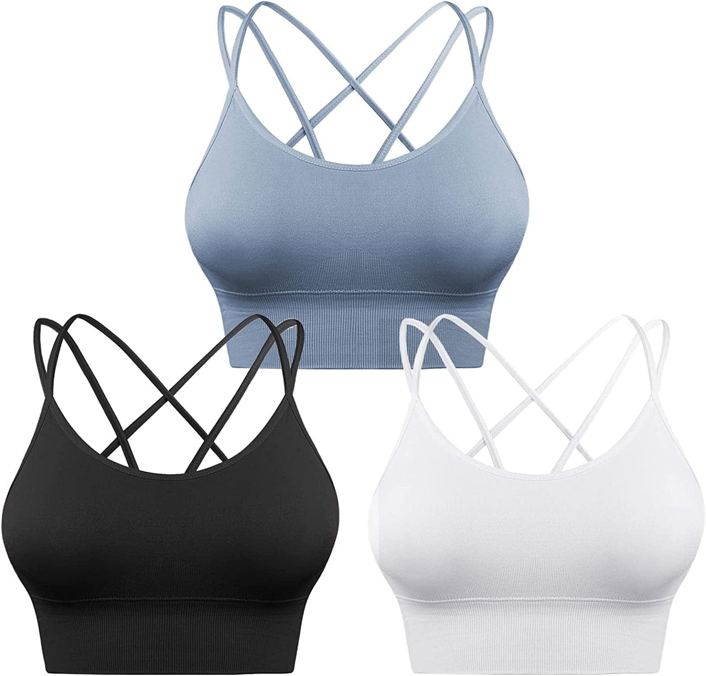 3 Pack Strappy Sports Bra for Women Sexy Crisscross for Yoga Running Athletic Gym Workout Fitness Tank Tops 3 Pack-black+white+blue / Large