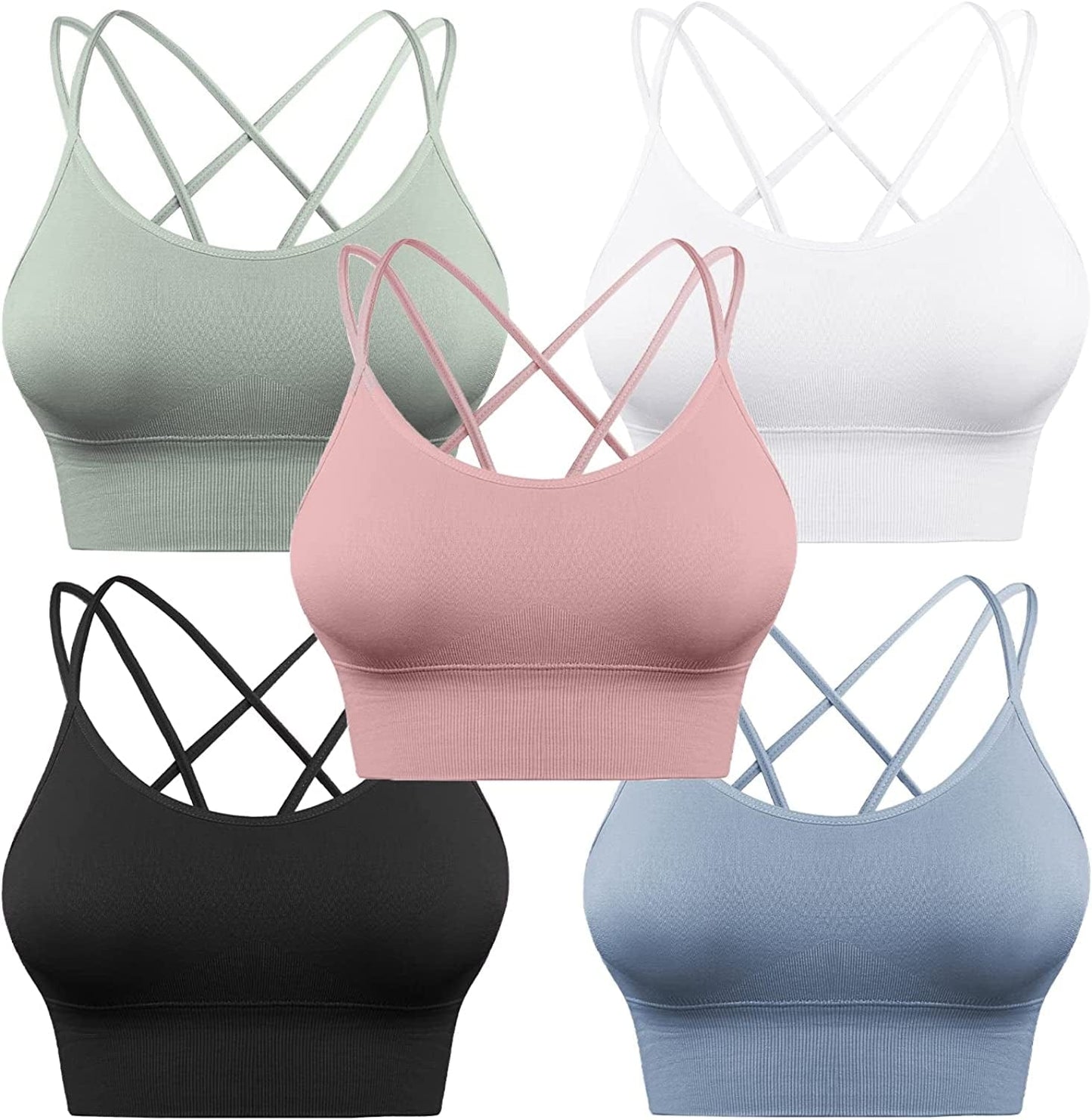 3 Pack Strappy Sports Bra for Women Sexy Crisscross for Yoga Running Athletic Gym Workout Fitness Tank Tops 5 Pack-black+white+green+blue+nude / Small