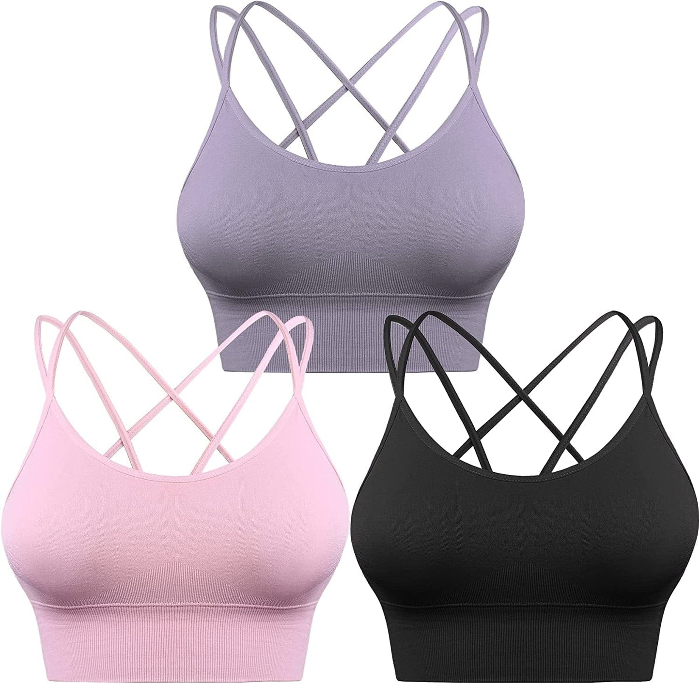 3 Pack Strappy Sports Bra for Women Sexy Crisscross for Yoga Running Athletic Gym Workout Fitness Tank Tops 3 Pack-black+pink+purple / Small