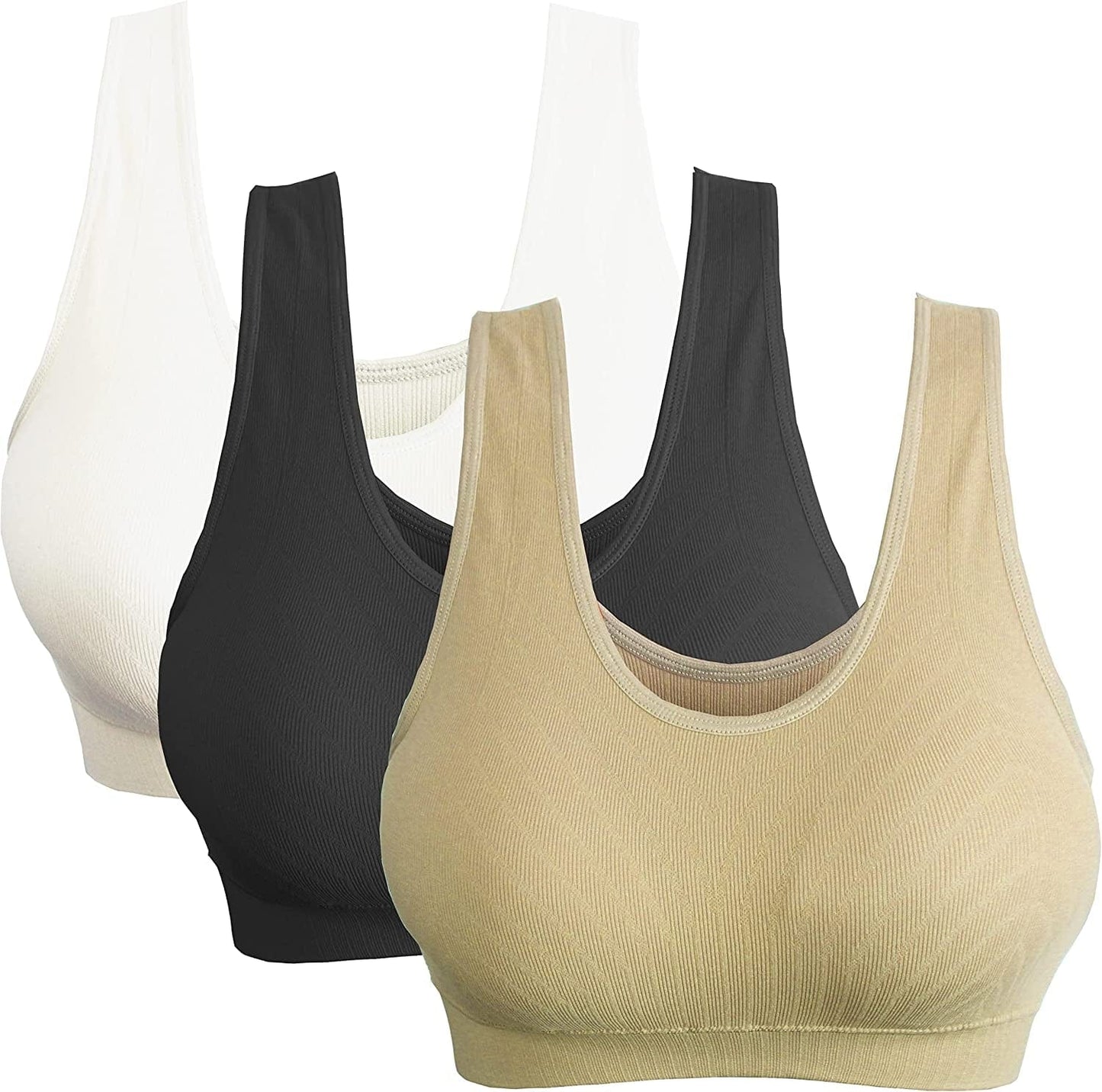 3 Pack Women'S Ultimate Comfy Medium Support Seamless Wireless Sports Bra with Removable Pads Beige-black-white / 5X