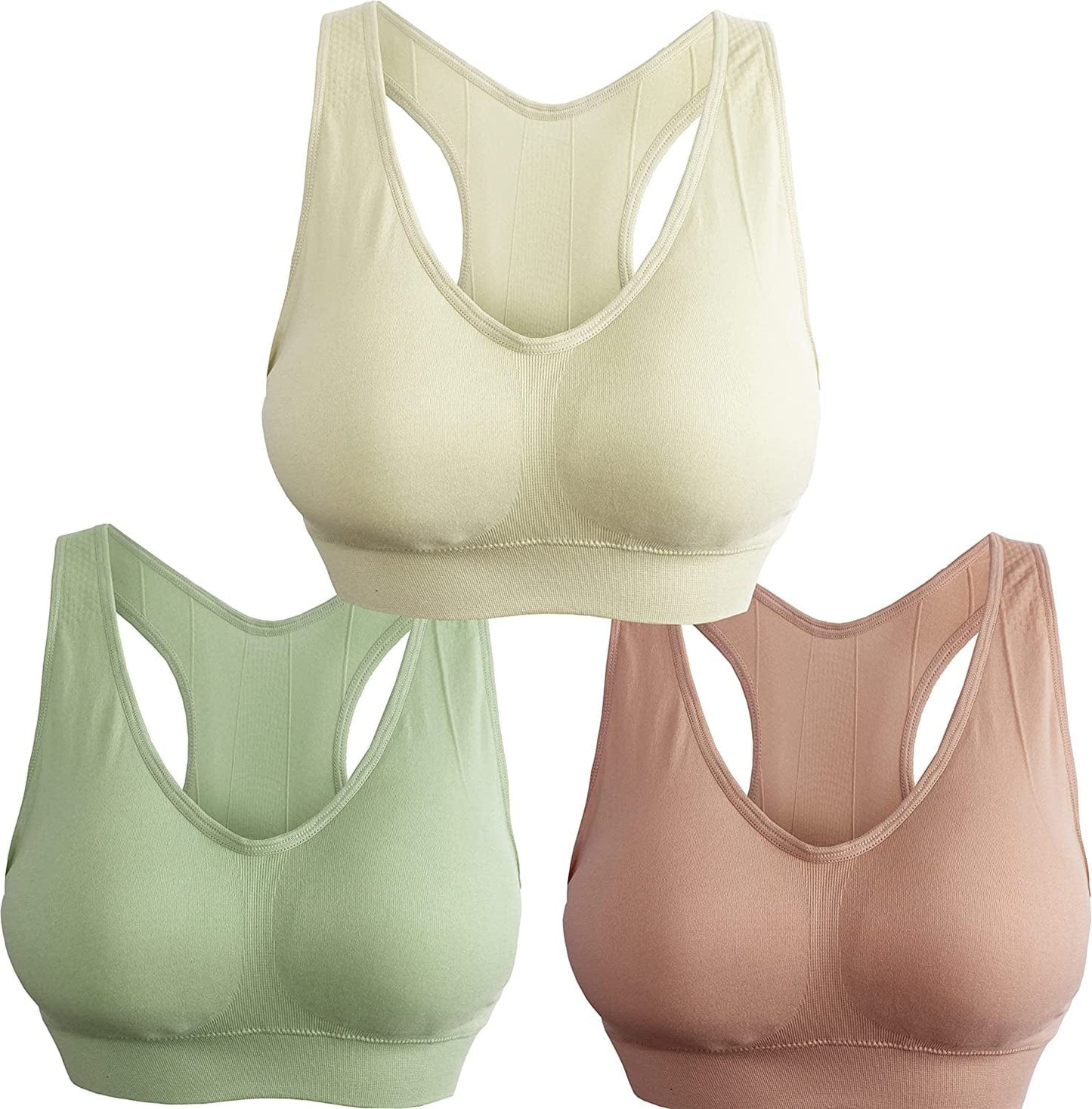 3 Pack Women'S Ultimate Comfy Medium Support Seamless Wireless Sports Bra with Removable Pads 2022-336-1 / Large