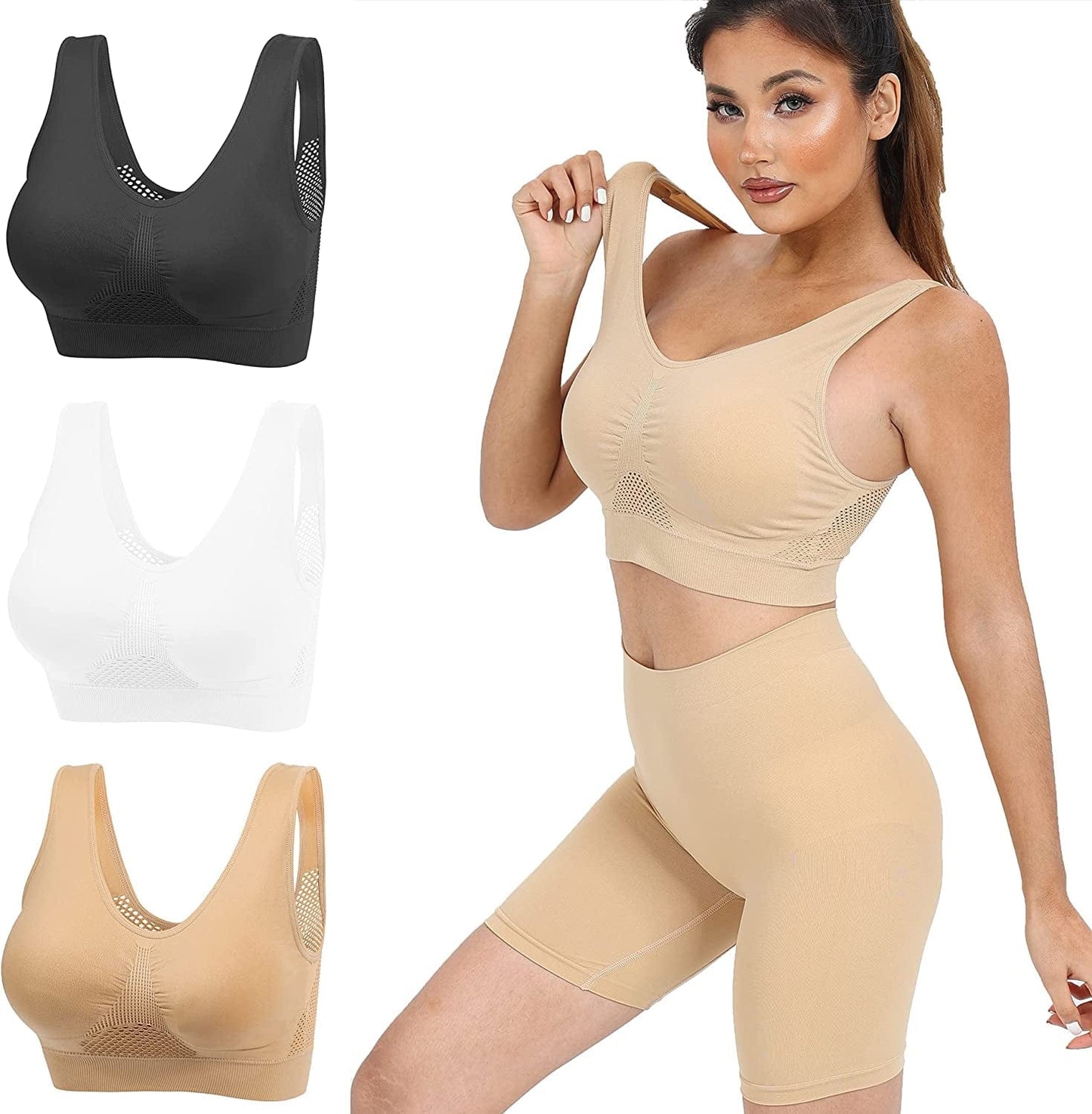 3 Pack Women'S Ultimate Comfy Medium Support Seamless Wireless Sports Bra with Removable Pads