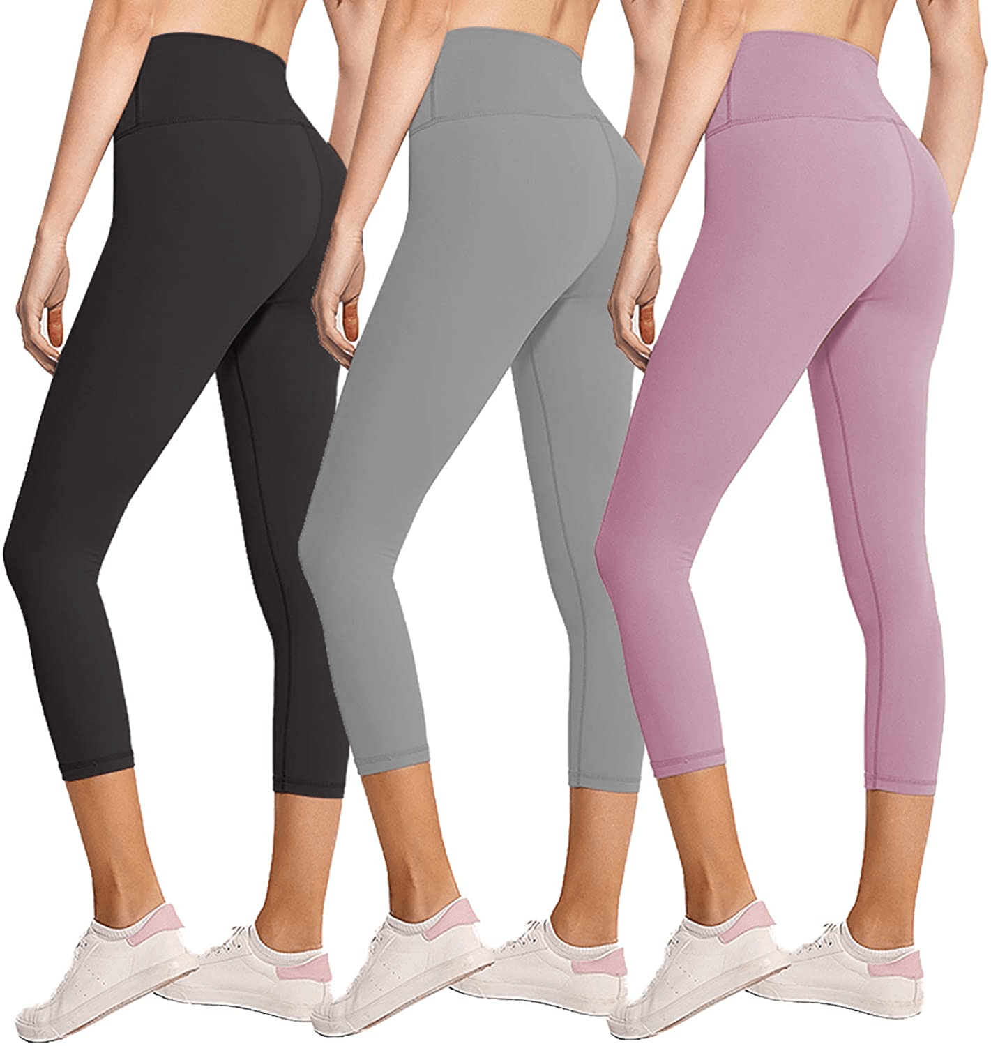 3 Pack Womens Leggings-No See-Through High Waisted Tummy Control Yoga Pants Workout Running Legging-Reg&Plus Size Apparel & Accessories > Clothing > Activewear FULLSOFT 3 Pack Capri Black,light Gray,rosy Brown Small-Medium