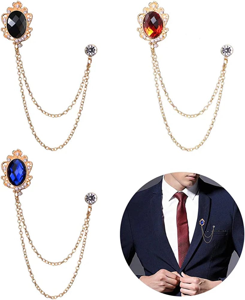3 Packs Men'S Gem Brooch Lapel Pin Badge Hanging Chains Collar Brooches Pin for Career Suit Tuxedo of Shirts Tie Hat Scarf for Boyfriend Father Birthday Holiday Gift Black/Red/Blue