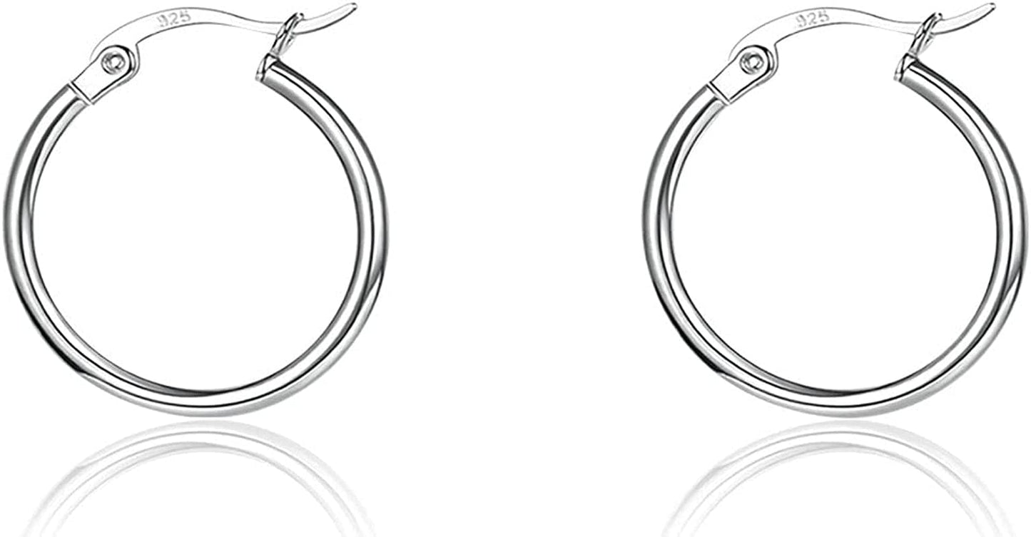 3 Pairs 925 Sterling Silver Hoop Earrings | Small White Gold Plated Hoop Earrings for Women Girls (13Mm,15Mm,20Mm,25Mm,30Mm,40Mm,50Mm,60Mm) u-Silver-1 pair 20mm