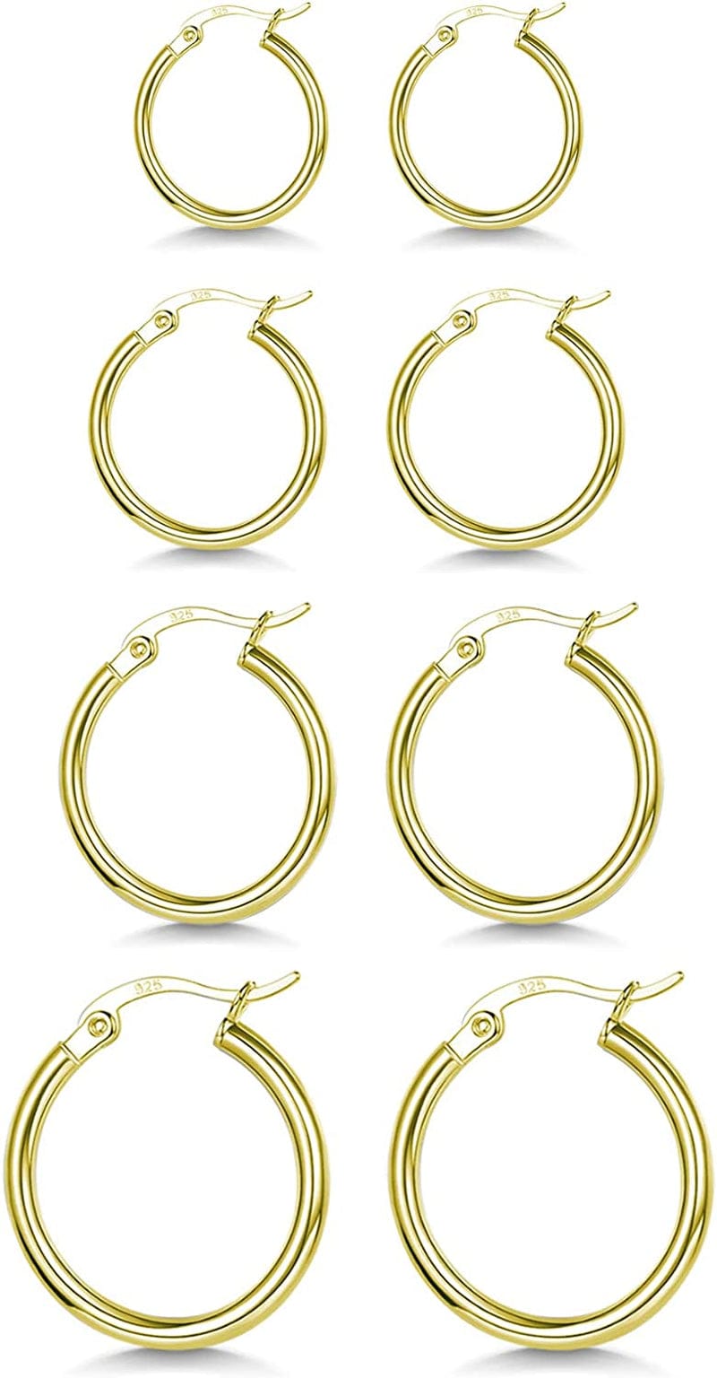 3 Pairs 925 Sterling Silver Hoop Earrings | Small White Gold Plated Hoop Earrings for Women Girls (13Mm,15Mm,20Mm,25Mm,30Mm,40Mm,50Mm,60Mm) f-Gold-13/15/20/25mm