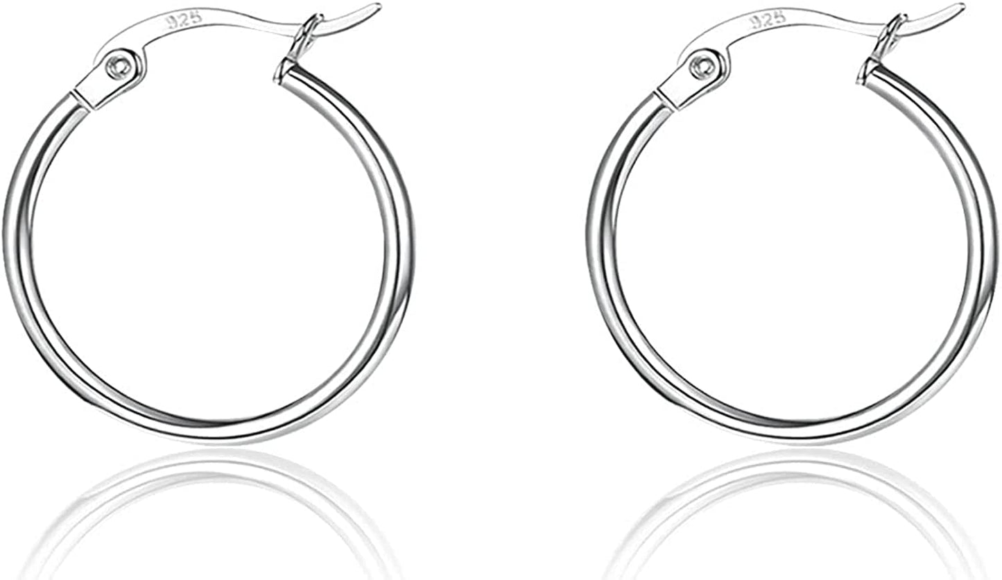 3 Pairs 925 Sterling Silver Hoop Earrings | Small White Gold Plated Hoop Earrings for Women Girls (13Mm,15Mm,20Mm,25Mm,30Mm,40Mm,50Mm,60Mm) v-Silver-1 pair 25mm