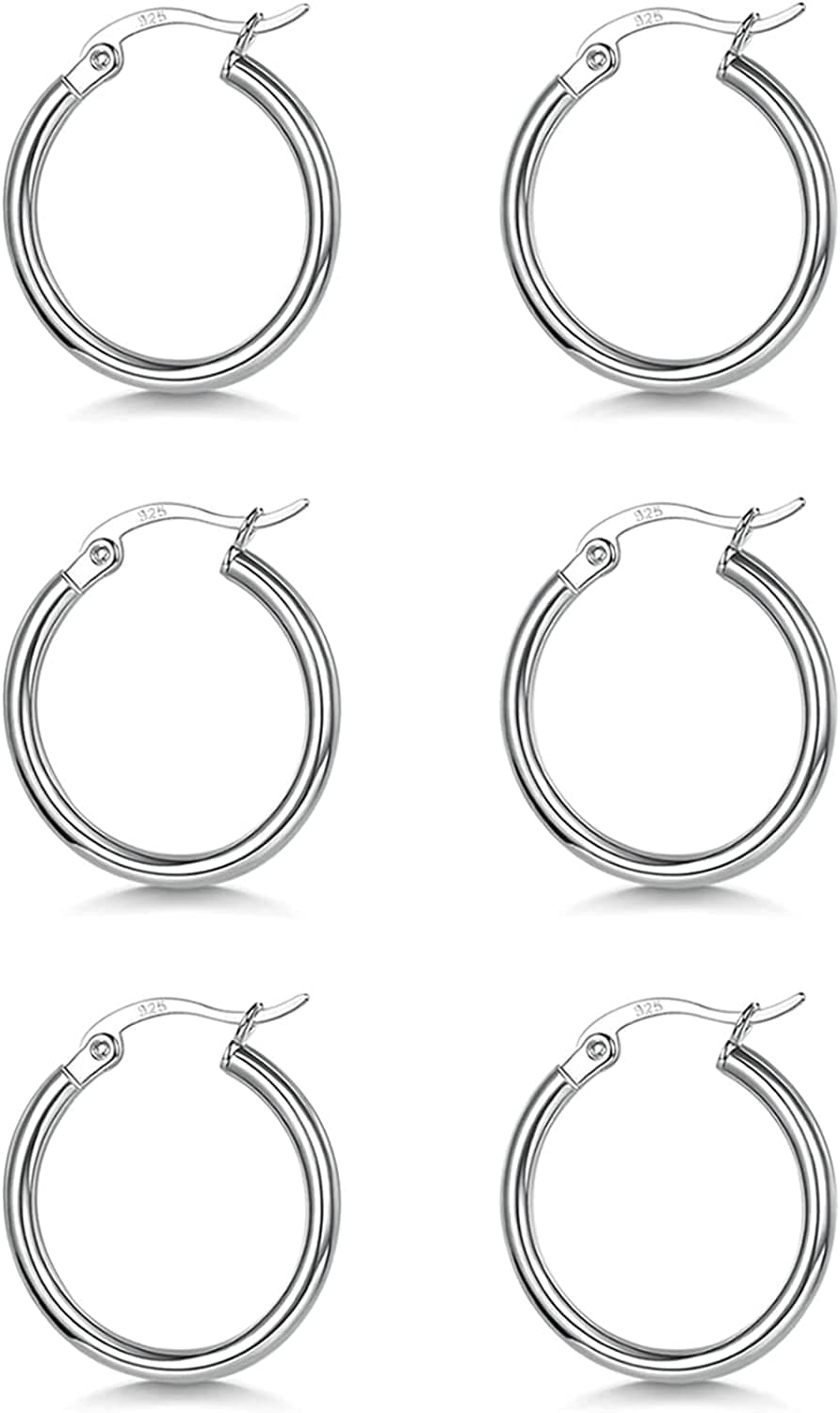3 Pairs 925 Sterling Silver Hoop Earrings | Small White Gold Plated Hoop Earrings for Women Girls (13Mm,15Mm,20Mm,25Mm,30Mm,40Mm,50Mm,60Mm) b-Silver-13mm*3