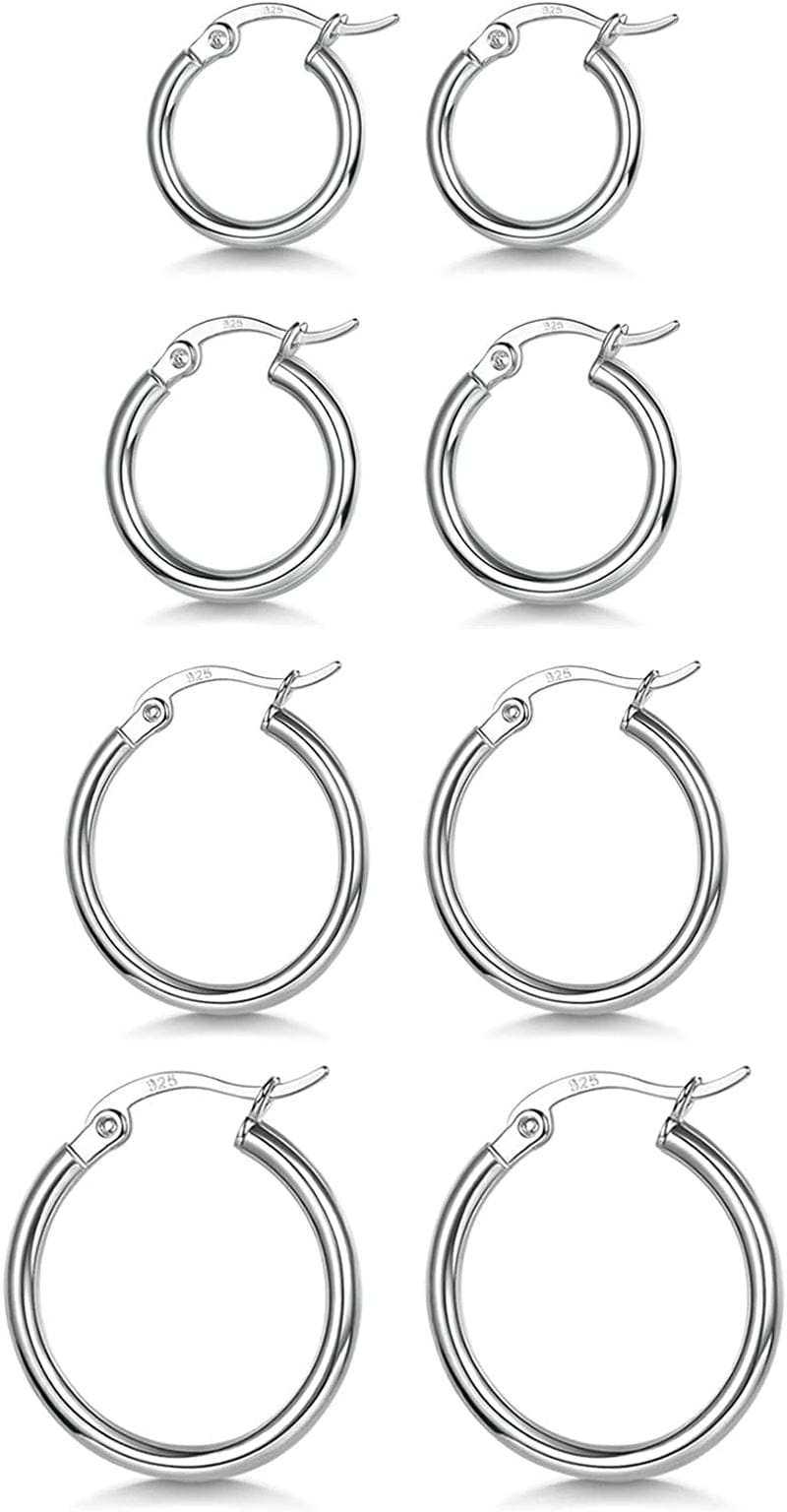 3 Pairs 925 Sterling Silver Hoop Earrings | Small White Gold Plated Hoop Earrings for Women Girls (13Mm,15Mm,20Mm,25Mm,30Mm,40Mm,50Mm,60Mm) e-Silver-13/15/20/25mm