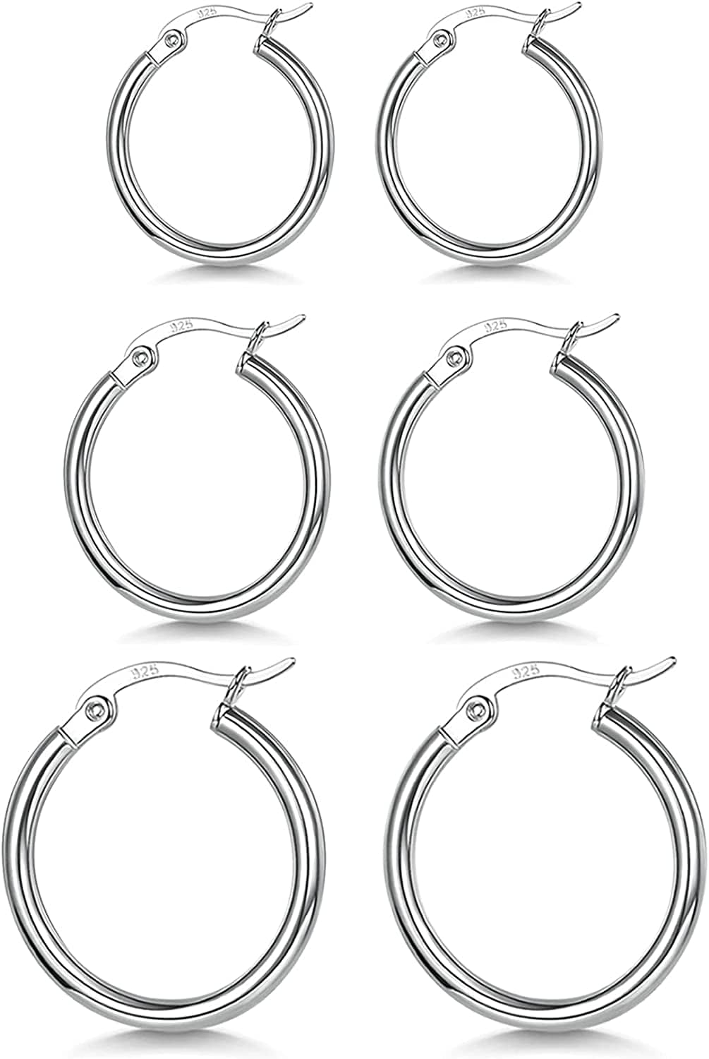 3 Pairs 925 Sterling Silver Hoop Earrings | Small White Gold Plated Hoop Earrings for Women Girls (13Mm,15Mm,20Mm,25Mm,30Mm,40Mm,50Mm,60Mm) g-Silver-15/20/25mm