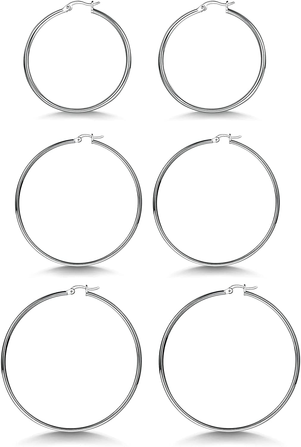 3 Pairs 925 Sterling Silver Hoop Earrings | Small White Gold Plated Hoop Earrings for Women Girls (13Mm,15Mm,20Mm,25Mm,30Mm,40Mm,50Mm,60Mm) k-Silver-30/40/50mm