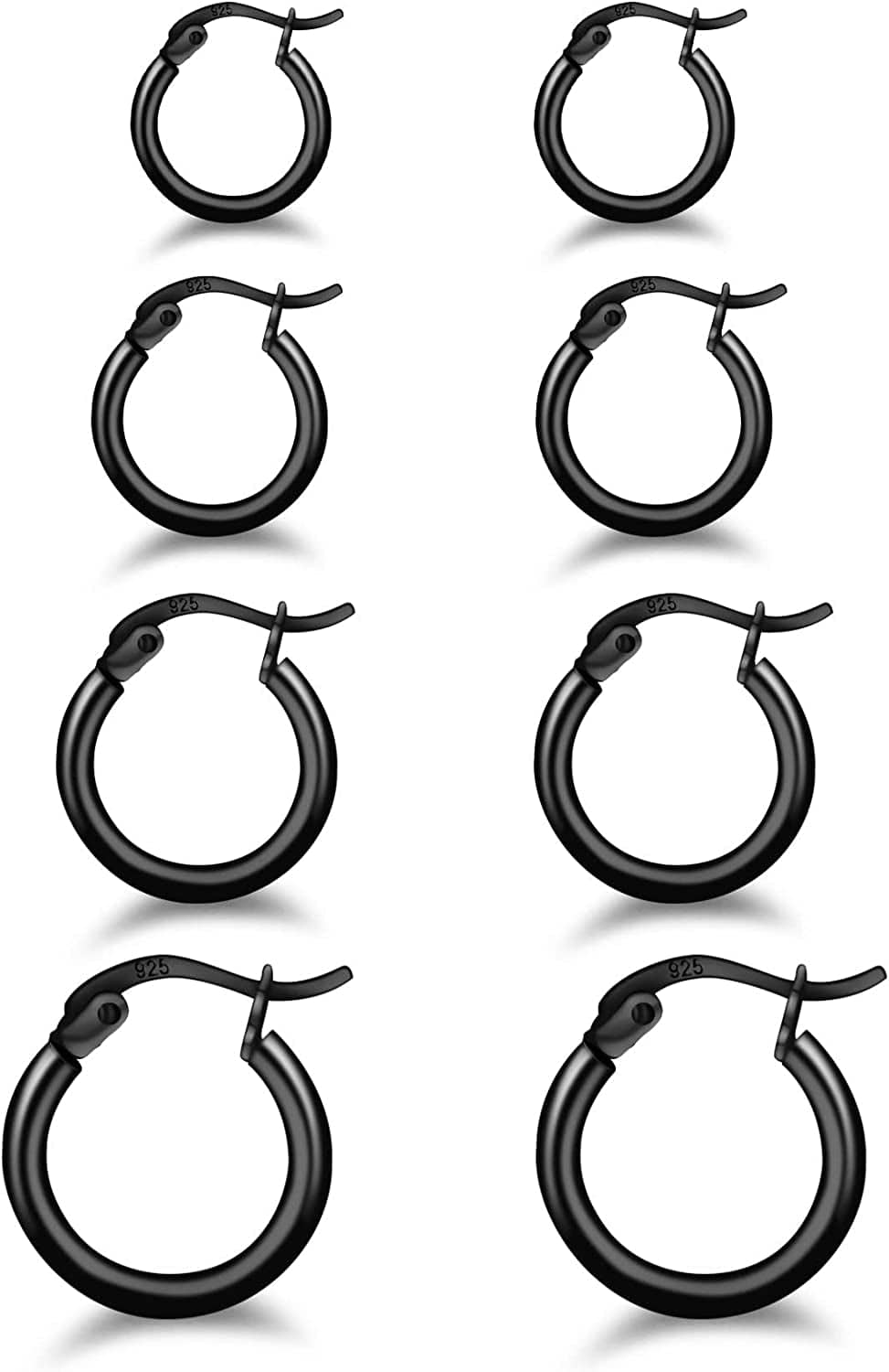3 Pairs 925 Sterling Silver Hoop Earrings | Small White Gold Plated Hoop Earrings for Women Girls (13Mm,15Mm,20Mm,25Mm,30Mm,40Mm,50Mm,60Mm) r-Black-13/15/20/25mm