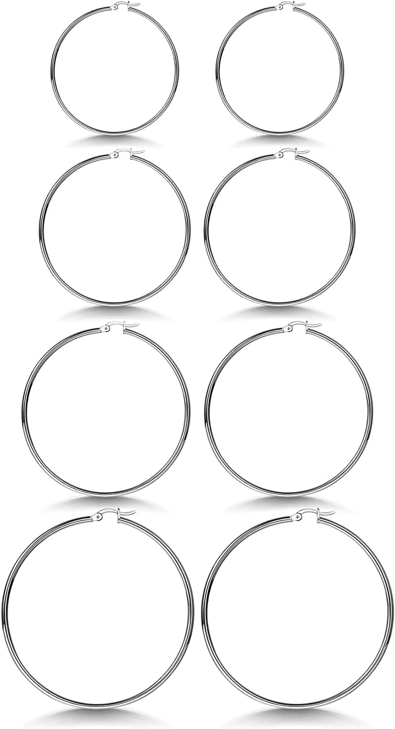 3 Pairs 925 Sterling Silver Hoop Earrings | Small White Gold Plated Hoop Earrings for Women Girls (13Mm,15Mm,20Mm,25Mm,30Mm,40Mm,50Mm,60Mm) n-Silver-30/40/50/60mm