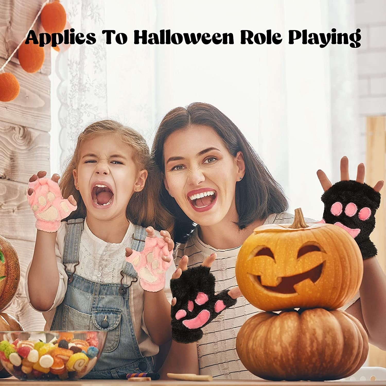 3 Pairs Cat Paw Gloves Fingerless Fuzzy Plush Gloves for Women Girls Apparel & Accessories > Clothing Accessories > Gloves & Mittens SATINIOR