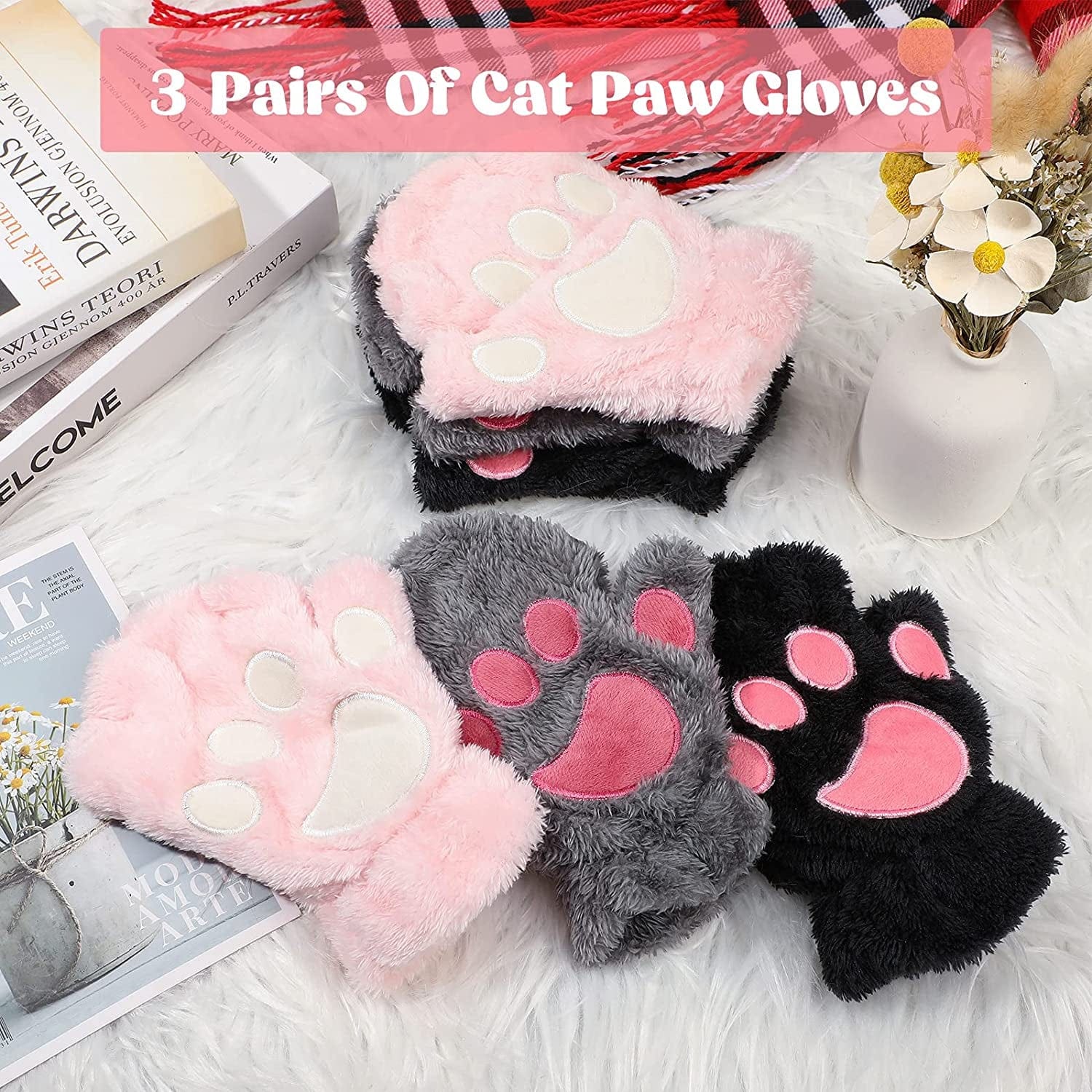 3 Pairs Cat Paw Gloves Fingerless Fuzzy Plush Gloves for Women Girls Apparel & Accessories > Clothing Accessories > Gloves & Mittens SATINIOR