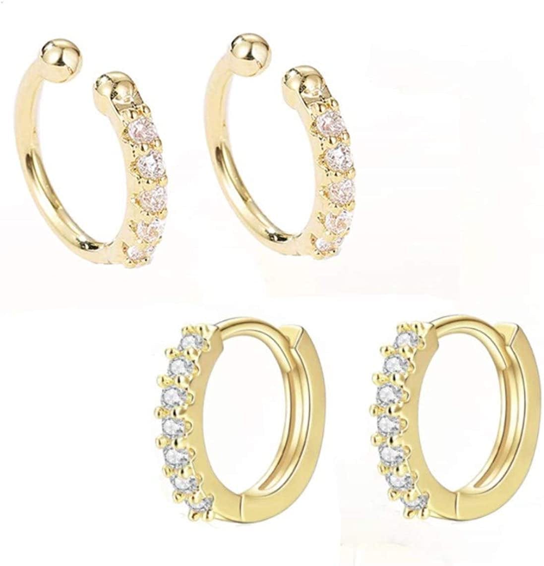 3 Pairs Small Huggie Hoop Earrings Set 14K Gold Hypoallergenic Lightweight Huggie Hoops Earrings for Women Girls C-Ear Cuff and Huggie Earrings(2 Pairs)