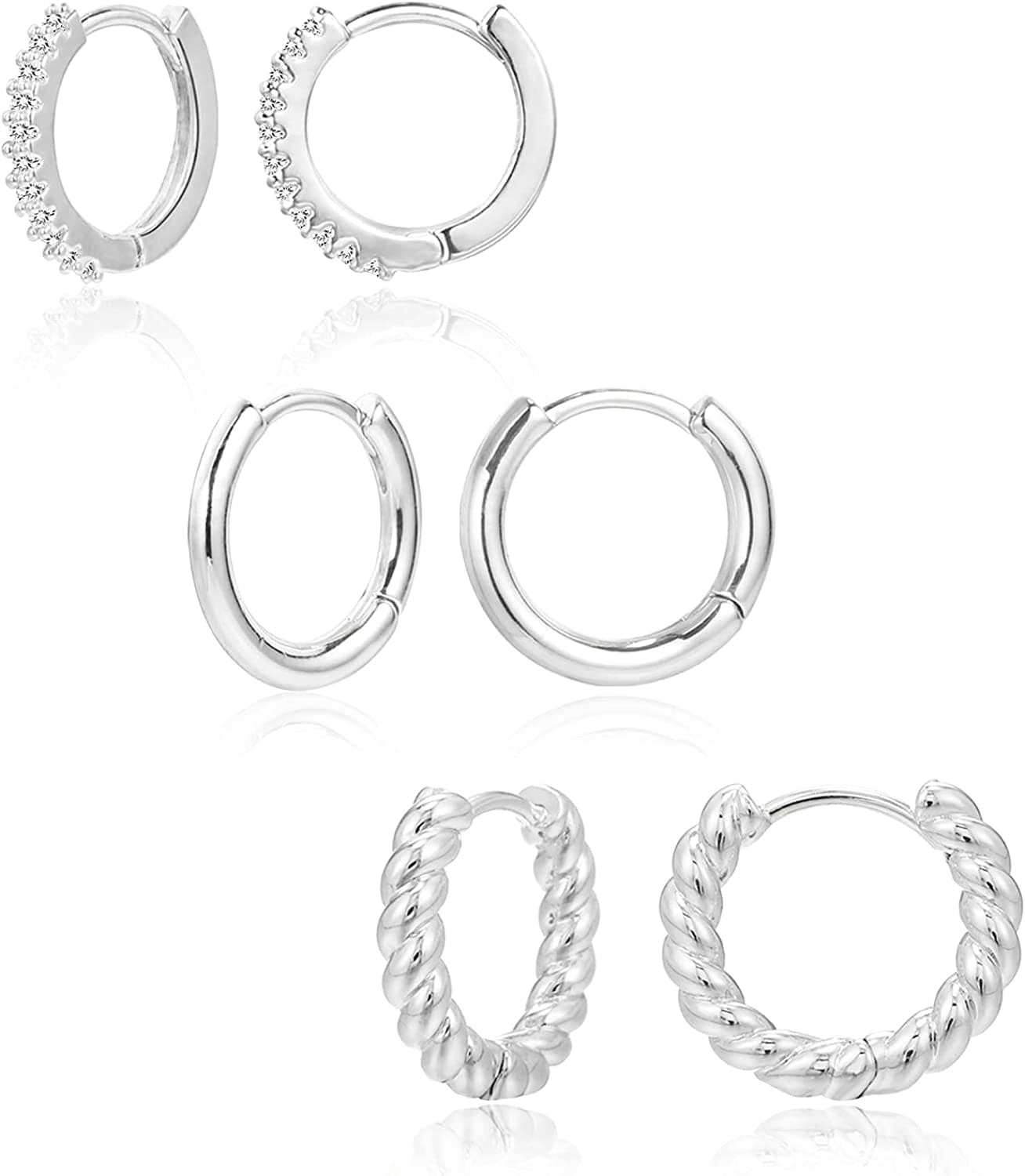 3 Pairs Small Huggie Hoop Earrings Set 14K Gold Hypoallergenic Lightweight Huggie Hoops Earrings for Women Girls A-Cubic Zircon + Smooth + Twisted Hoop Earrings(White Gold)