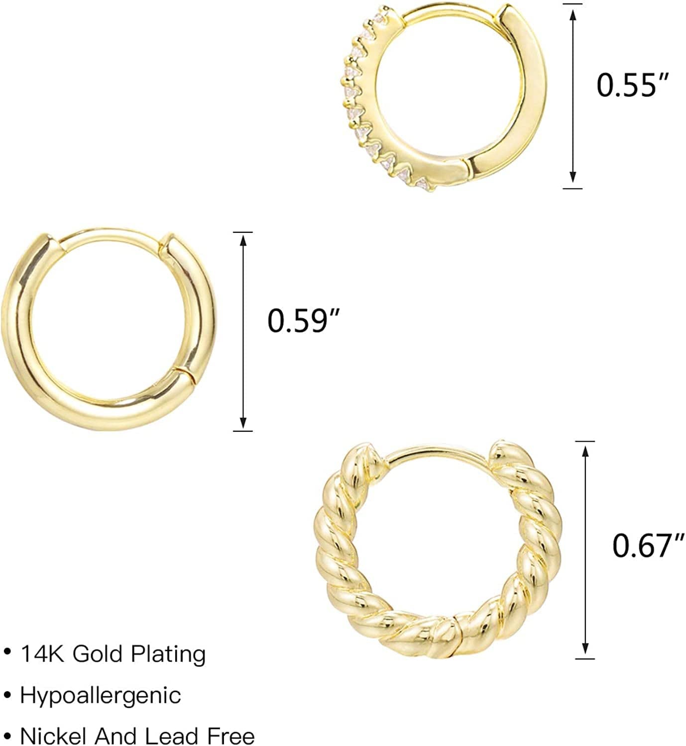 3 Pairs Small Huggie Hoop Earrings Set 14K Gold Hypoallergenic Lightweight Huggie Hoops Earrings for Women Girls