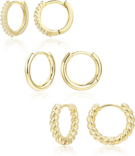 3 Pairs Small Huggie Hoop Earrings Set 14K Gold Hypoallergenic Lightweight Huggie Hoops Earrings for Women Girls A - Cubic Zirconia + Smooth + Twisted Hoop Earrings (14K Gold)