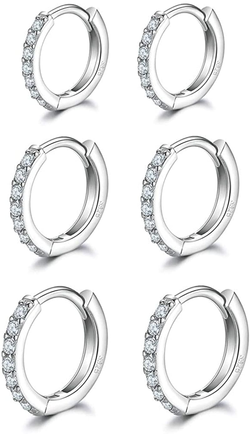 3 Pairs Sterling Silver Small Hoop Earrings Tiny Cartilage Earring Cubic Zirconia Cuff Huggie Earrings Mini Hoops Earrings Piercing for Women Girls Apparel & Accessories > Jewelry > Earrings Dlihc 3# Silver 8/10/12mm