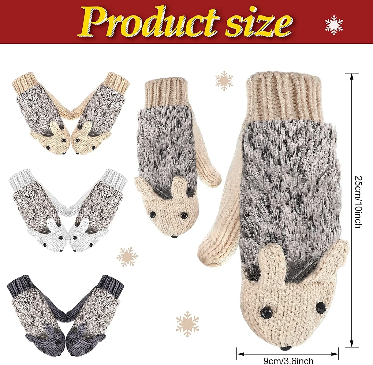 3 Pairs Winter Hedgehog Gloves Warm Knitted Hedgehog Mittens Cute Double Layered Cartoon Mittens Thick Fleece Lining Gloves for Women Girls Apparel & Accessories > Clothing Accessories > Gloves & Mittens Hicarer