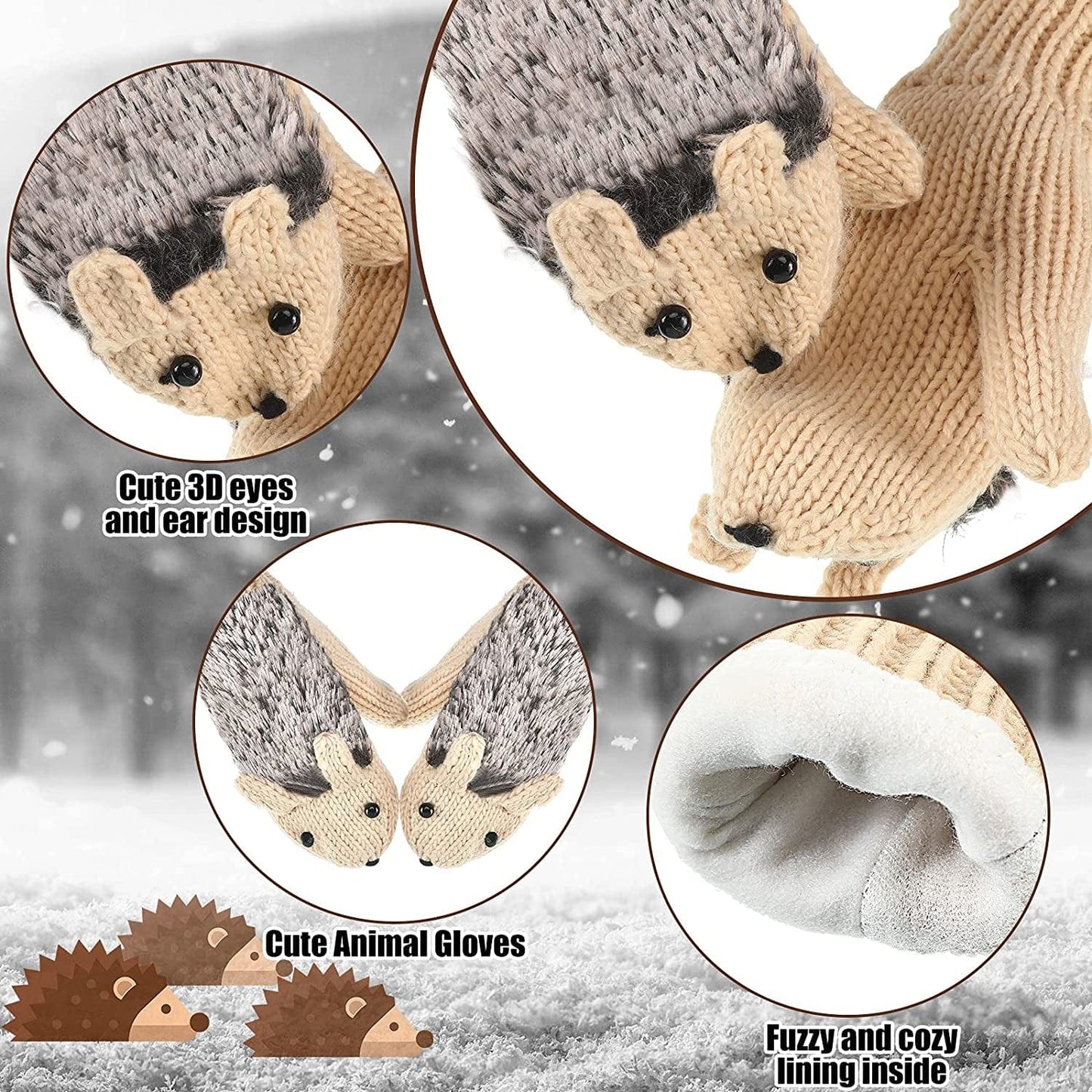 3 Pairs Winter Hedgehog Gloves Warm Knitted Hedgehog Mittens Cute Double Layered Cartoon Mittens Thick Fleece Lining Gloves for Women Girls Apparel & Accessories > Clothing Accessories > Gloves & Mittens Hicarer
