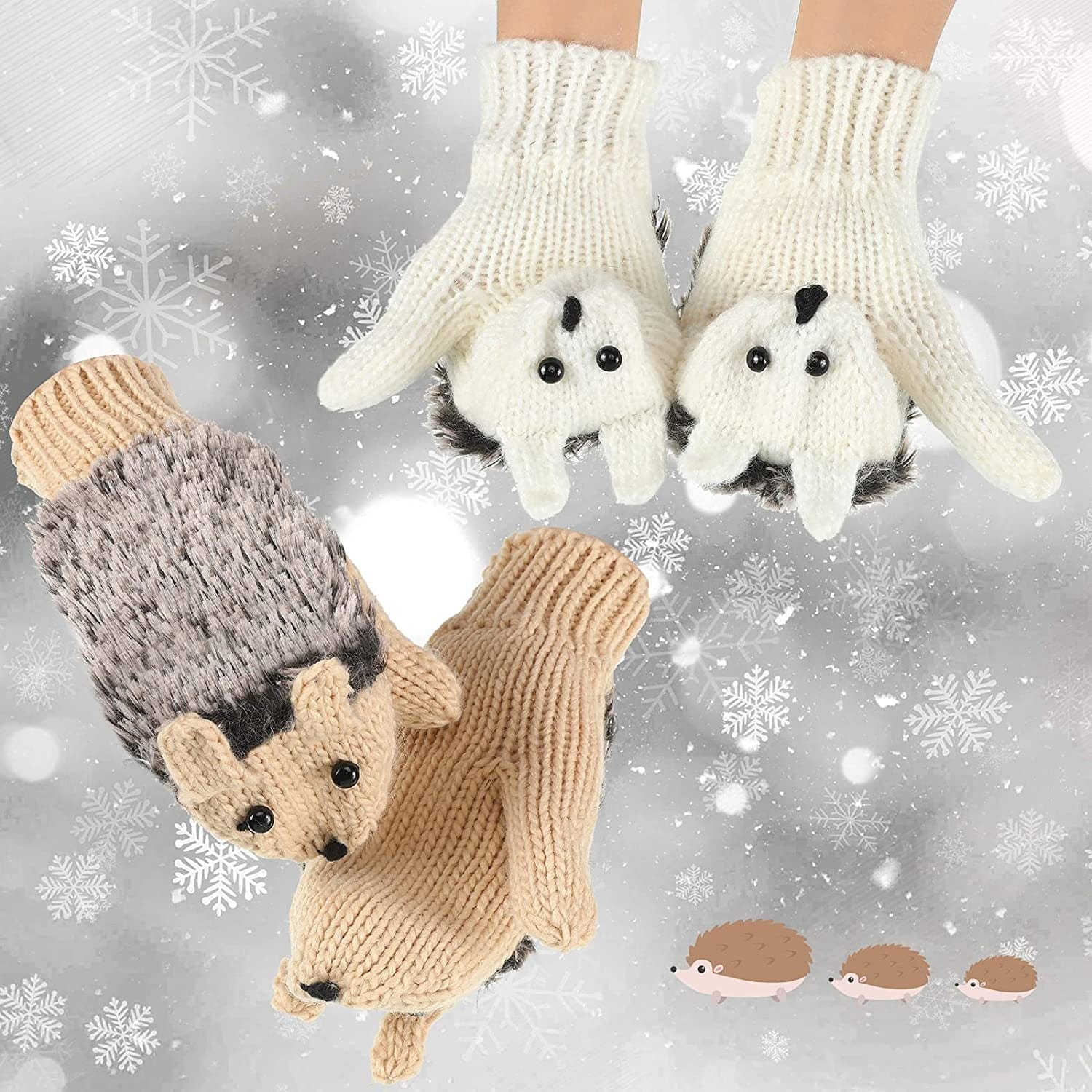 3 Pairs Winter Hedgehog Gloves Warm Knitted Hedgehog Mittens Cute Double Layered Cartoon Mittens Thick Fleece Lining Gloves for Women Girls Apparel & Accessories > Clothing Accessories > Gloves & Mittens Hicarer
