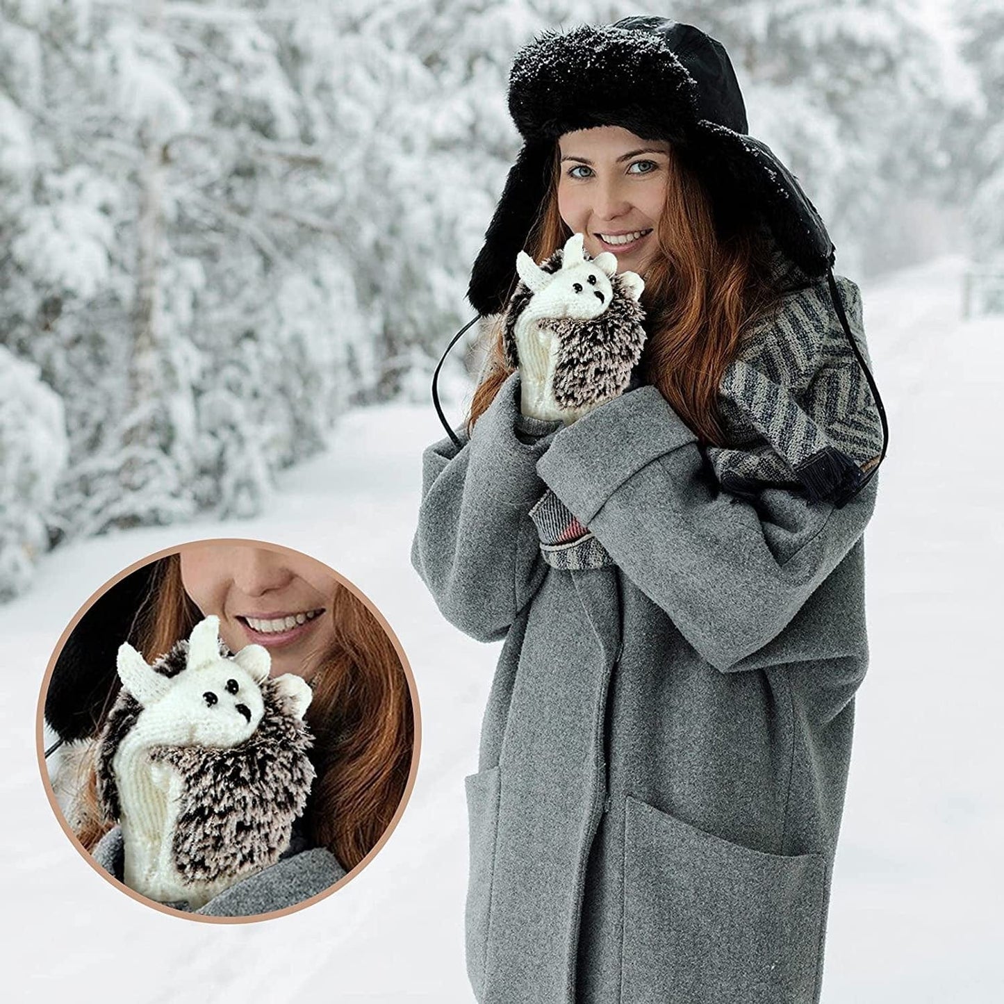 3 Pairs Winter Hedgehog Gloves Warm Knitted Hedgehog Mittens Cute Double Layered Cartoon Mittens Thick Fleece Lining Gloves for Women Girls Apparel & Accessories > Clothing Accessories > Gloves & Mittens Hicarer