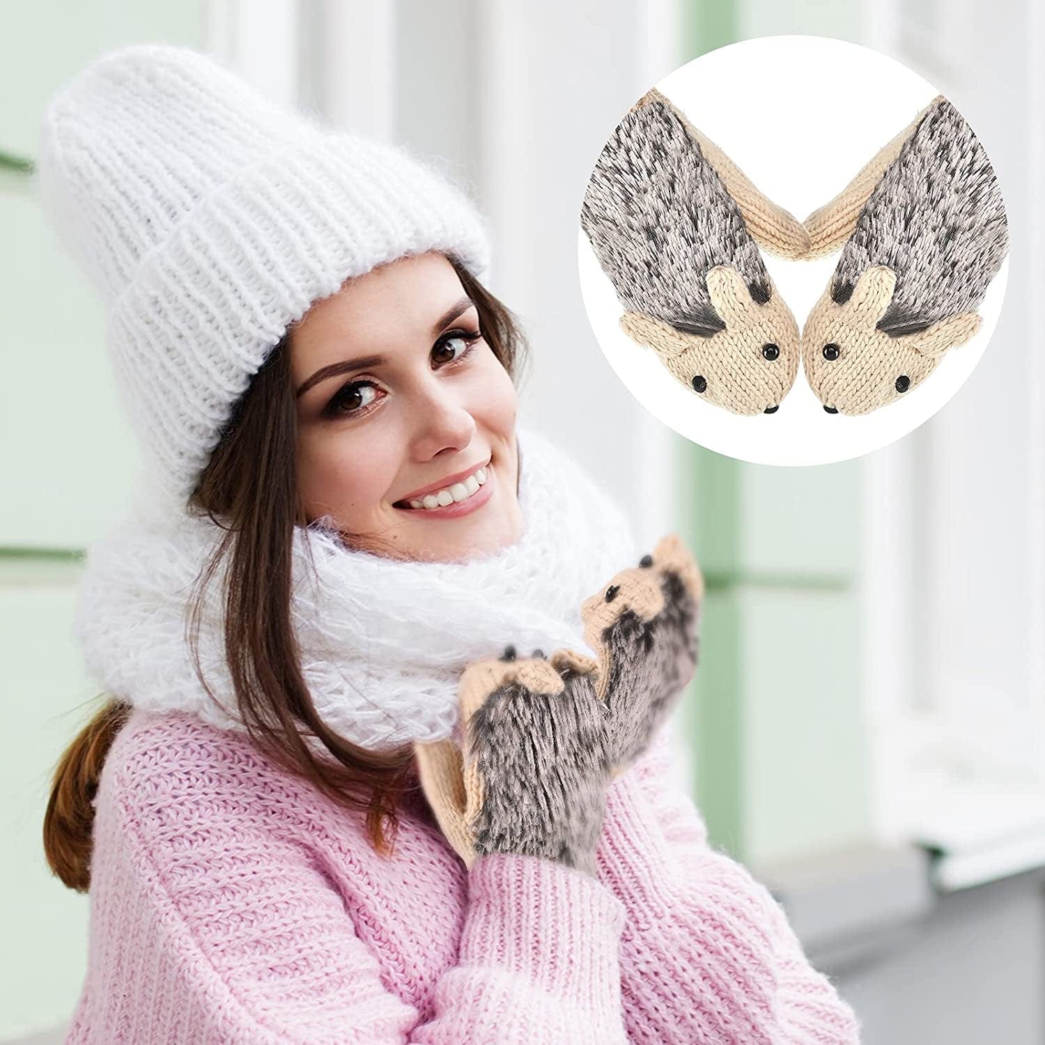 3 Pairs Winter Hedgehog Gloves Warm Knitted Hedgehog Mittens Cute Double Layered Cartoon Mittens Thick Fleece Lining Gloves for Women Girls Apparel & Accessories > Clothing Accessories > Gloves & Mittens Hicarer