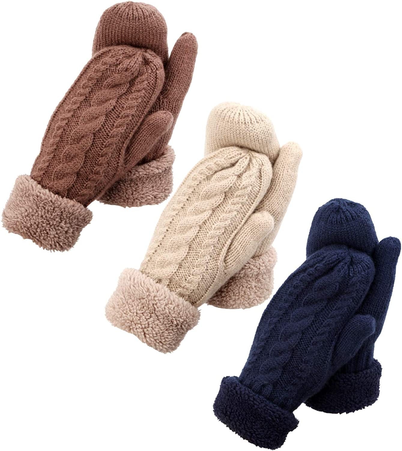 3 Pairs Winter Mitten Gloves for Women, Warm Knit Thick Gloves with Thick Fleece Lining Gift Apparel & Accessories > Clothing Accessories > Gloves & Mittens happion Brown/Navy/Beige