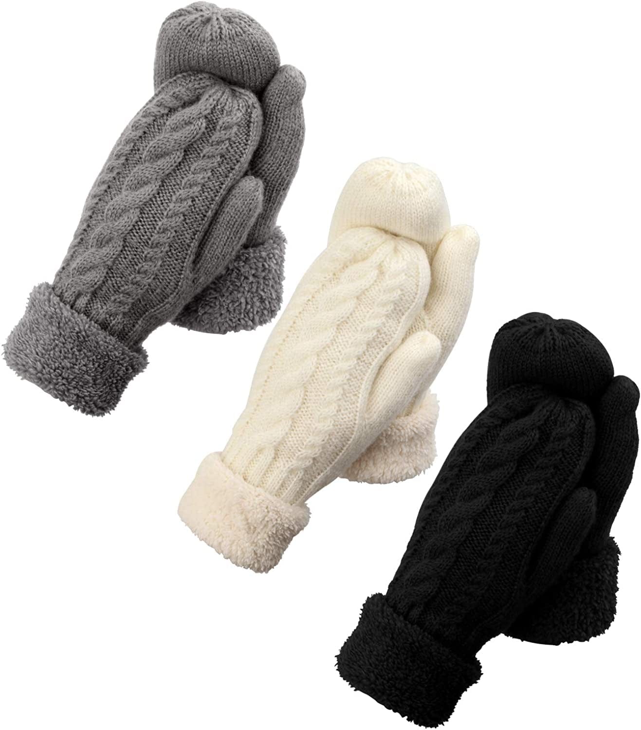3 Pairs Winter Mitten Gloves for Women, Warm Knit Thick Gloves with Thick Fleece Lining Gift Apparel & Accessories > Clothing Accessories > Gloves & Mittens happion Grey/White/Black