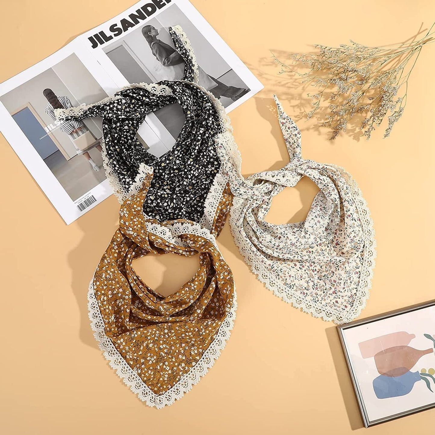 3 PCS Floral Hair Bandanas Head Kerchief - Women Bandana Print Chiffon Hair Scarf Triangle Hair Kerchief with Ties Head Scarf Apparel & Accessories > Clothing Accessories > Bandanas & Headties CHLINS