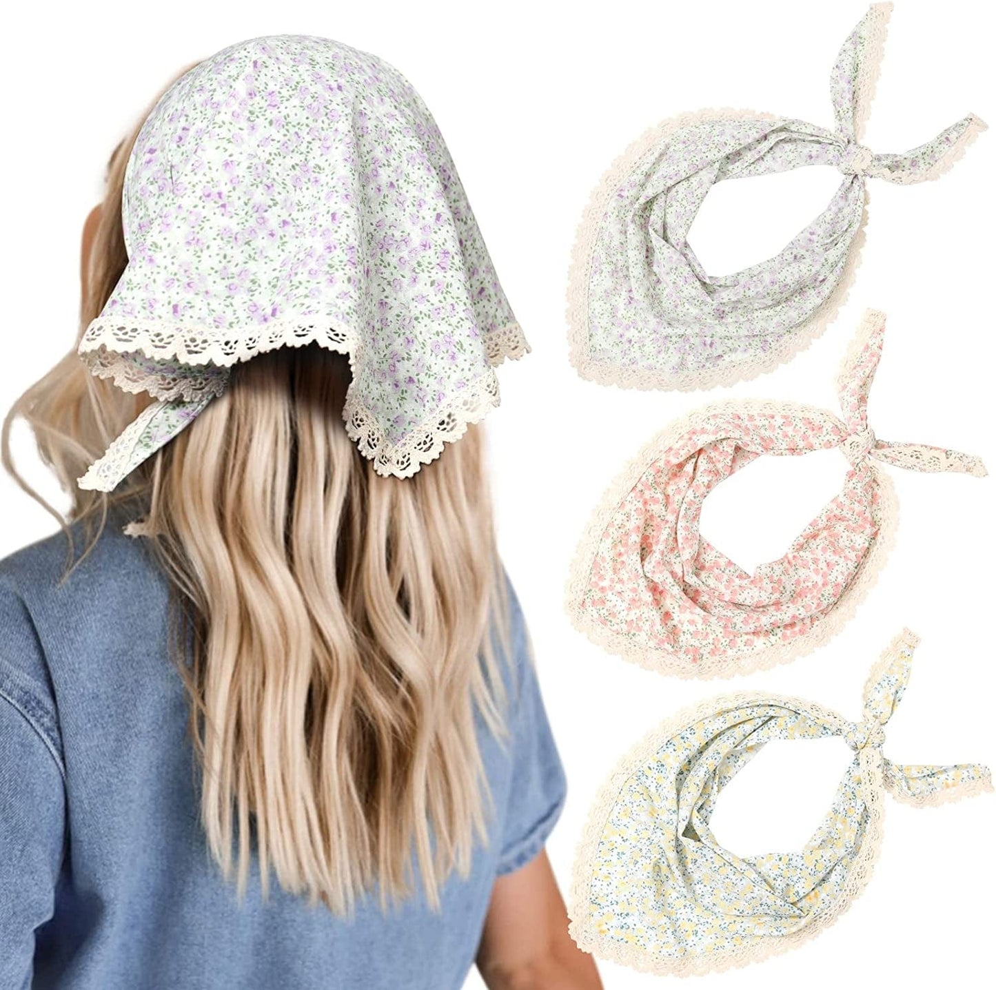 3 PCS Floral Hair Bandanas Head Kerchief - Women Bandana Print Chiffon Hair Scarf Triangle Hair Kerchief with Ties Head Scarf Apparel & Accessories > Clothing Accessories > Bandanas & Headties CHLINS Print(yellow+pink+purple)